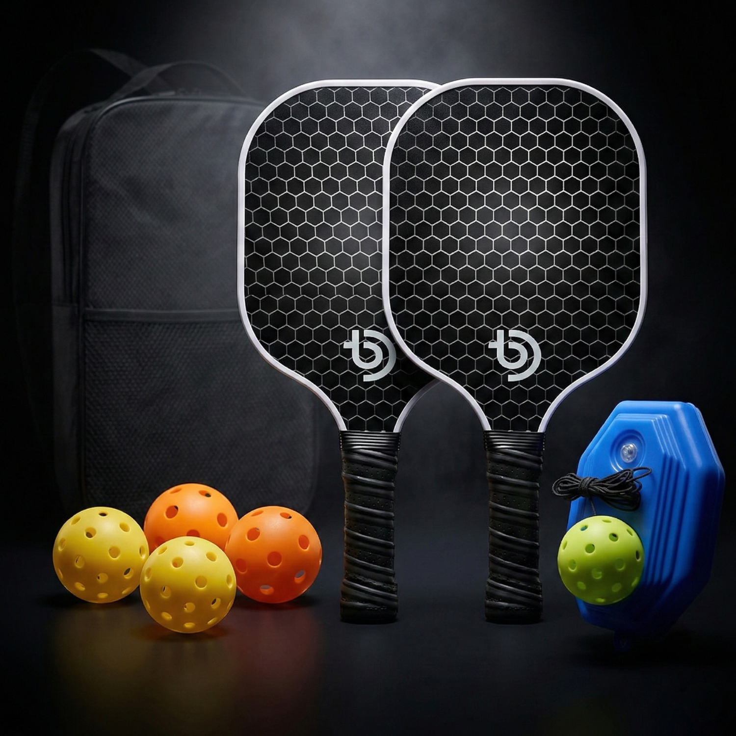 Complete Pickleball Paddle Set – 2 Lightweight Fiberglass Paddles with Honeycomb Core, 4 Outdoor Balls, Trainer & Carry Bag Bundle