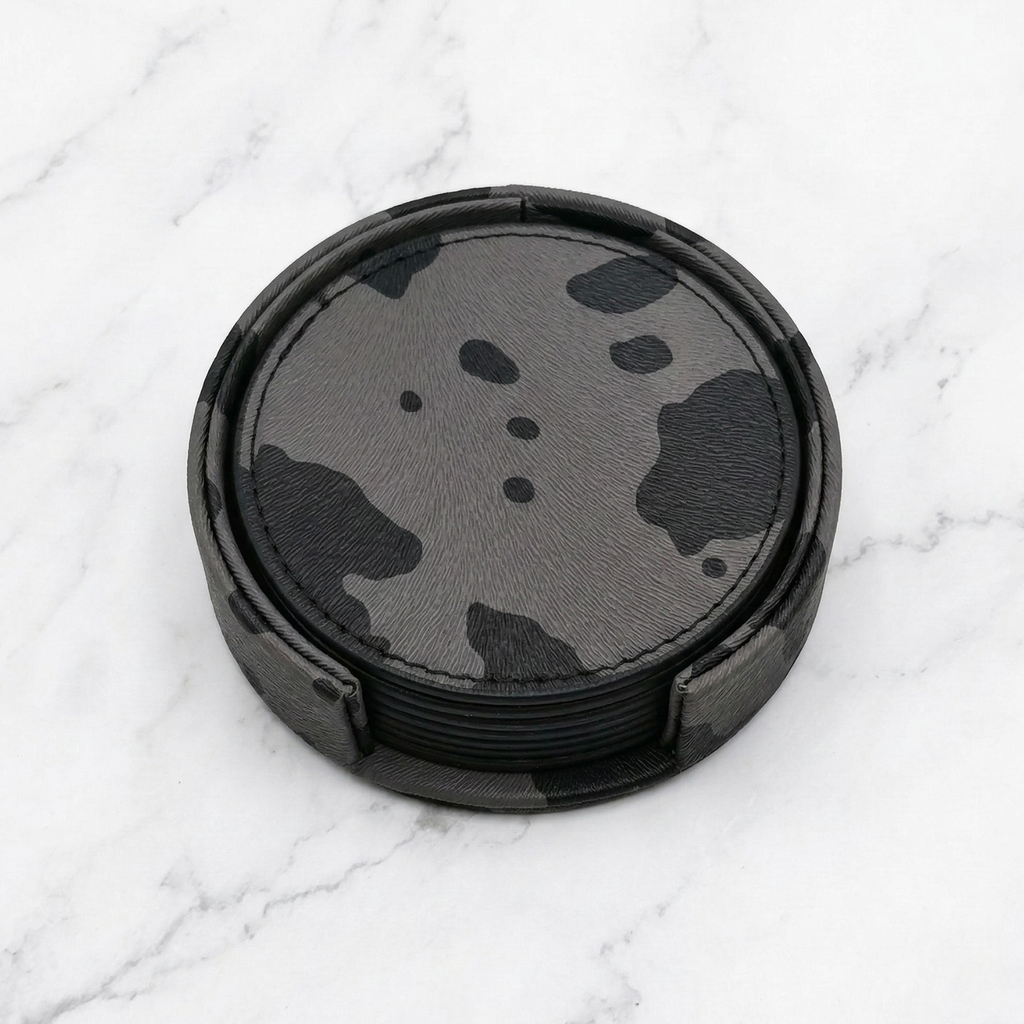 Dark cow print leather coaster set, stacked round coasters with gray-black spots