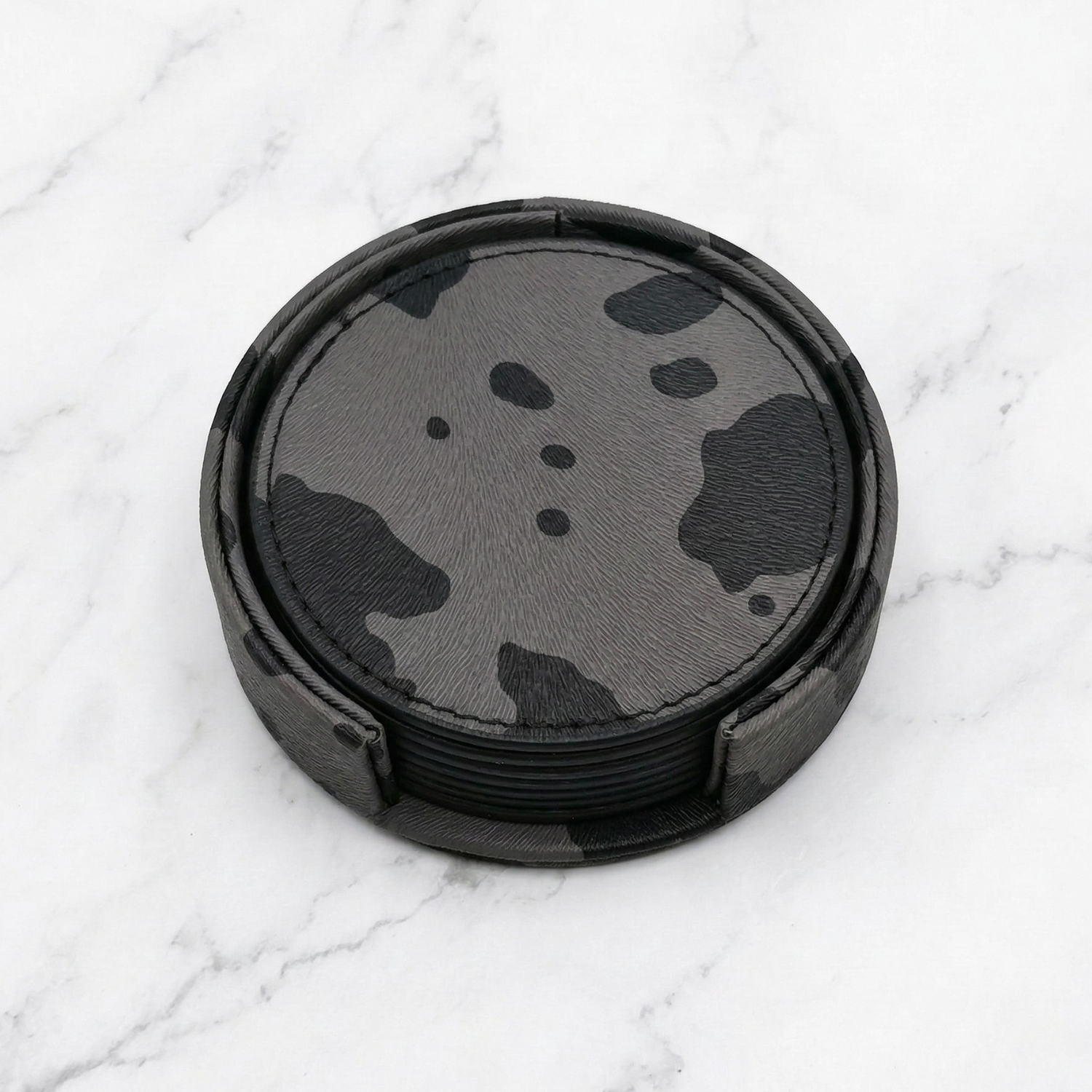 Cow Print Leather Coaster Set (6 Pack) – Luxury Round Drink Coasters with Holder for Coffee Tables & Bar Carts