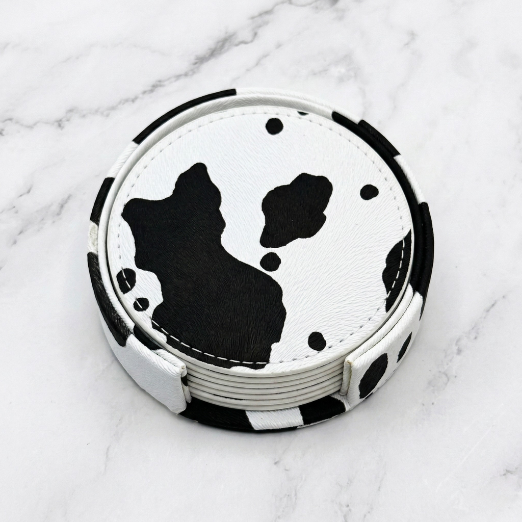 Classic cow print leather coaster set, stacked round coasters with black spots