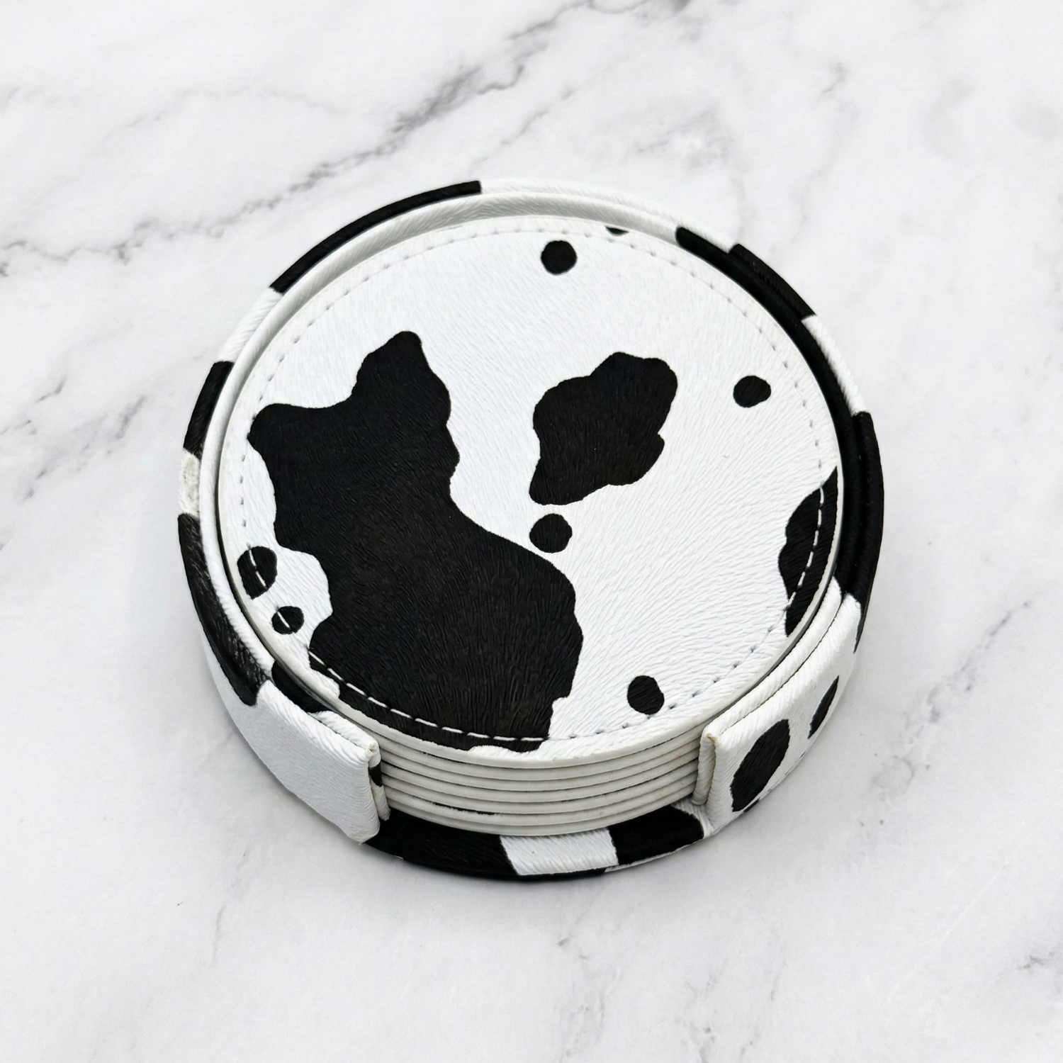 Cow Print Leather Coaster Set (6 Pack) – Luxury Round Drink Coasters with Holder for Coffee Tables & Bar Carts