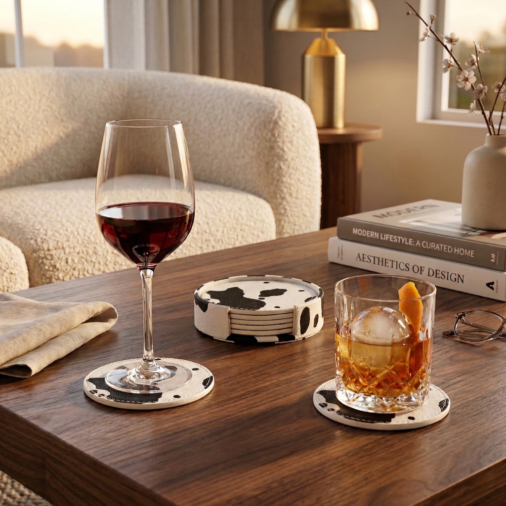 Sun Lake Supply cow print leather coaster set with holder, classic white/black round coasters