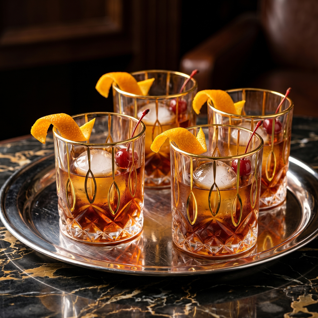 Crystal whiskey tumblers with gold rims, diamond-cut design, ice with citrus garnish