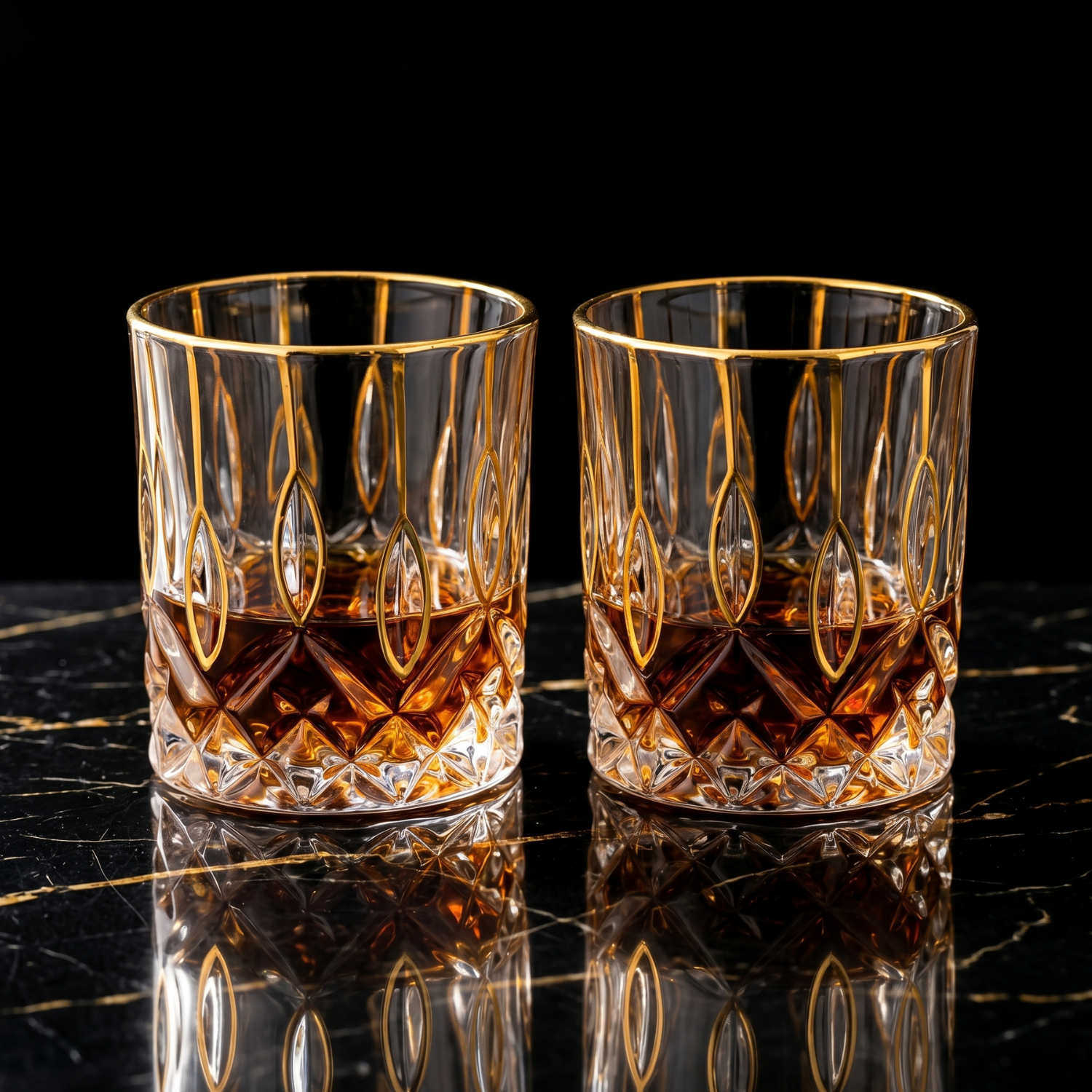 Two crystal tumblers with gold rim and diamond-cut pattern—clear and amber