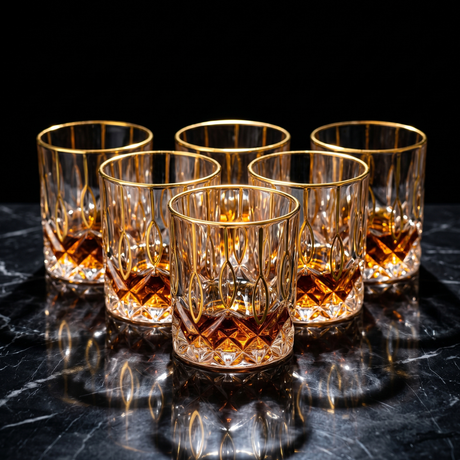 Crystal whiskey tumbler set, gold rims and diamond-cut pattern, amber-colored drinks