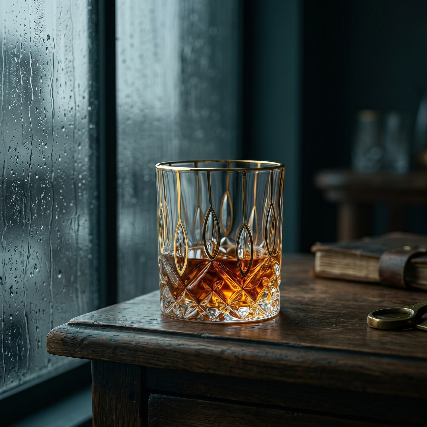 Crystal whiskey tumbler with gold rim, diamond-cut facets, amber drink inside