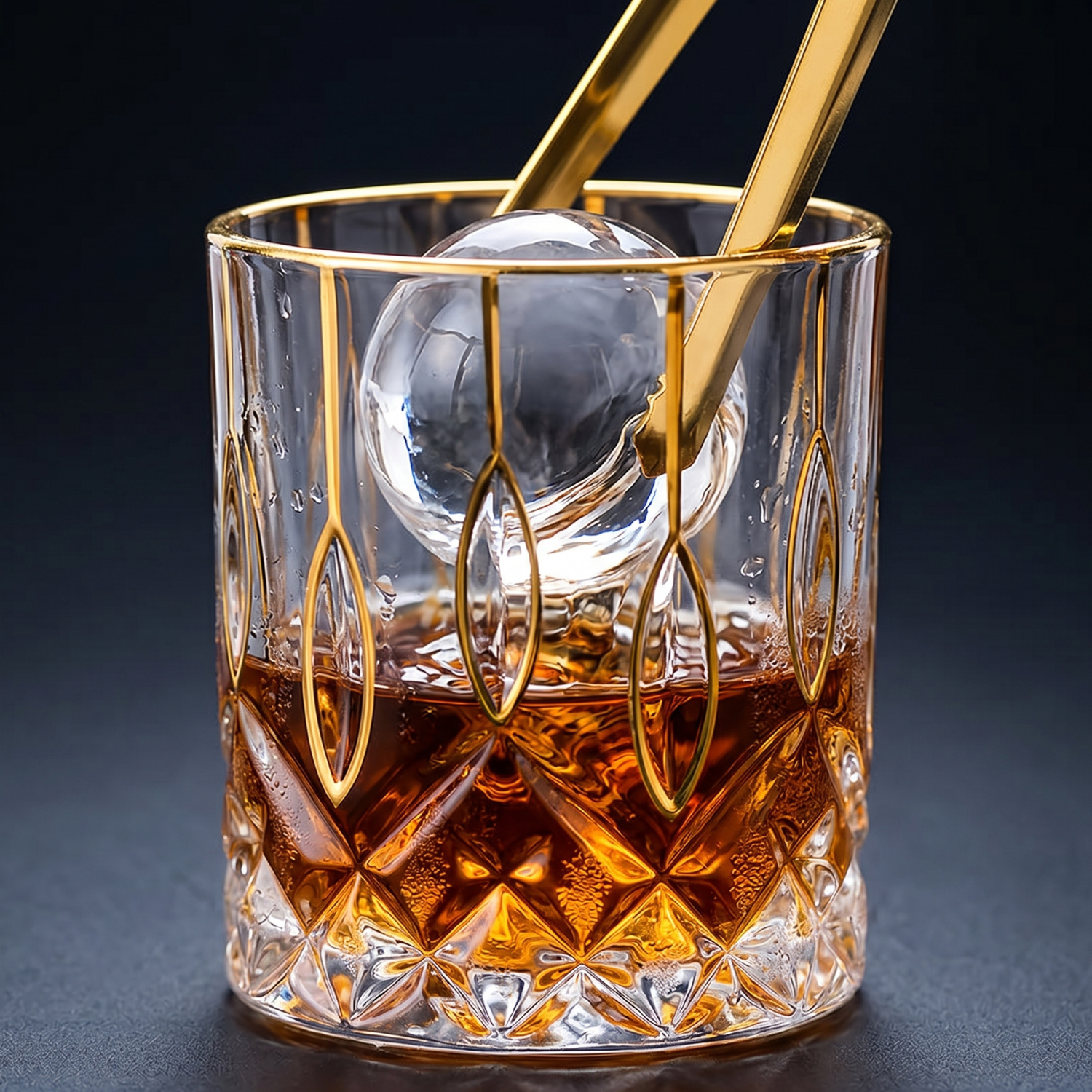 Crystal whiskey tumbler with gold rim, diamond-cut base, clear ice cube on top