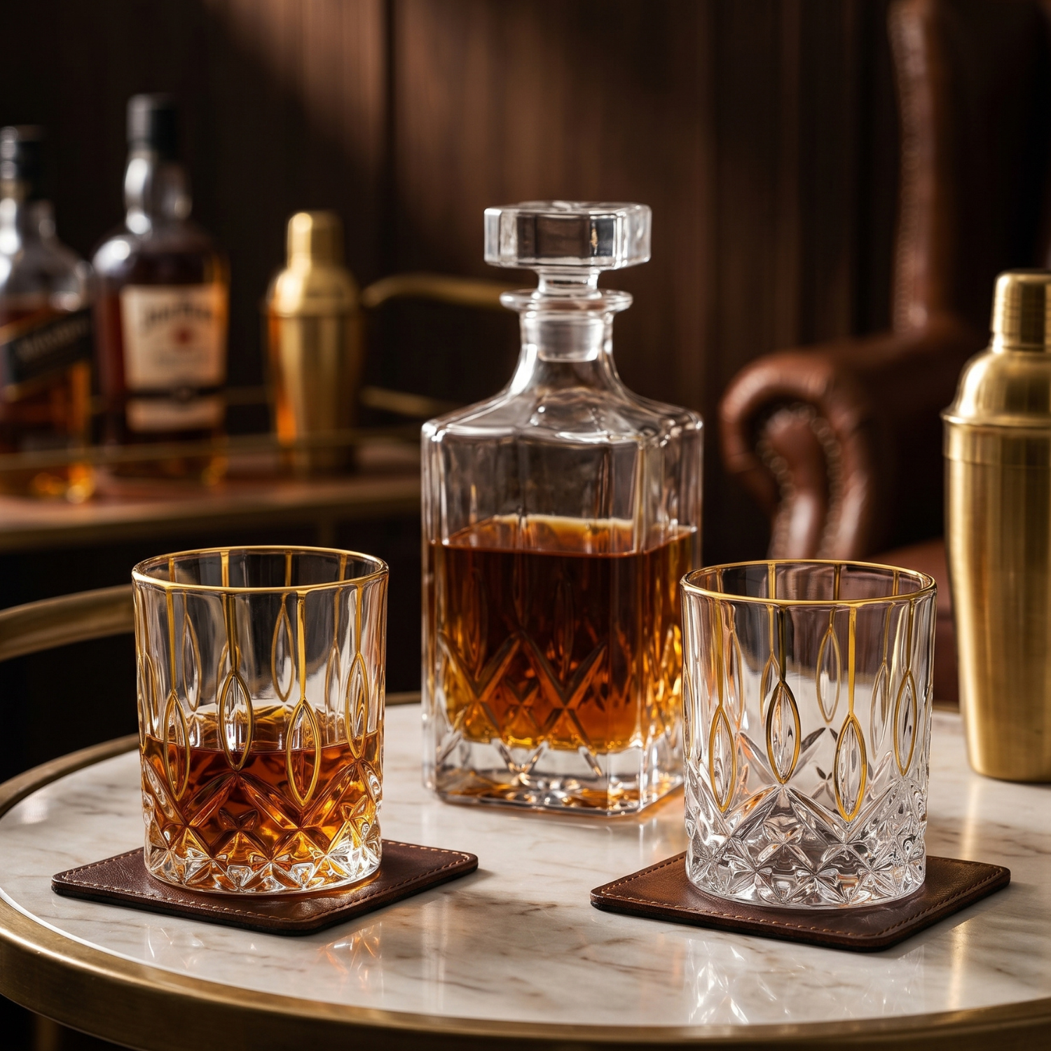 Crystal tumblers with gold rims and diamond-cut design, one with amber drink inside