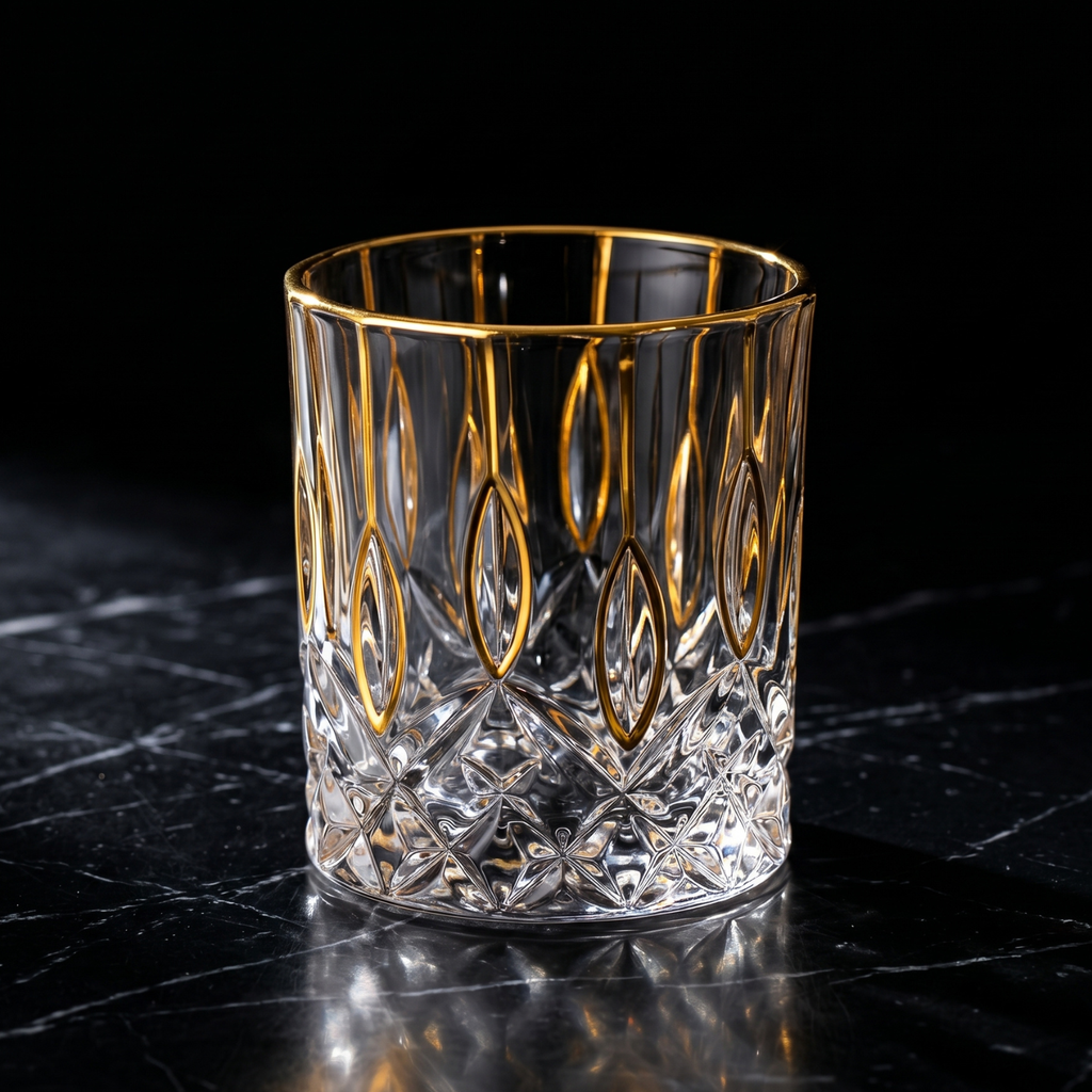 Crystal whiskey tumbler, gold rim and diamond-cut pattern, 220ml old fashioned