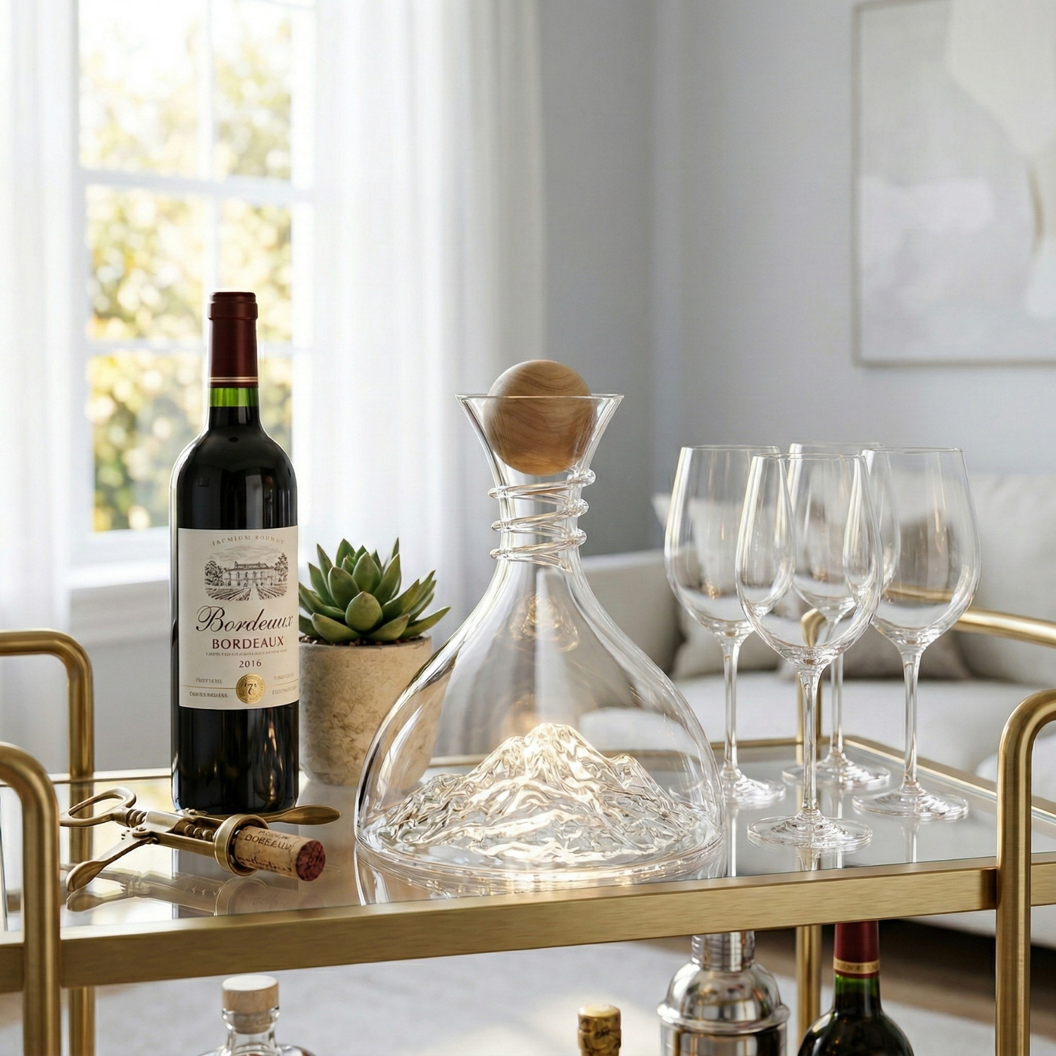 Crystal Wine Decanter 1800ml | Mountain Design Lead-Free Glass Decanter with Cork Stopper | Modern Luxury Red Wine Aerator