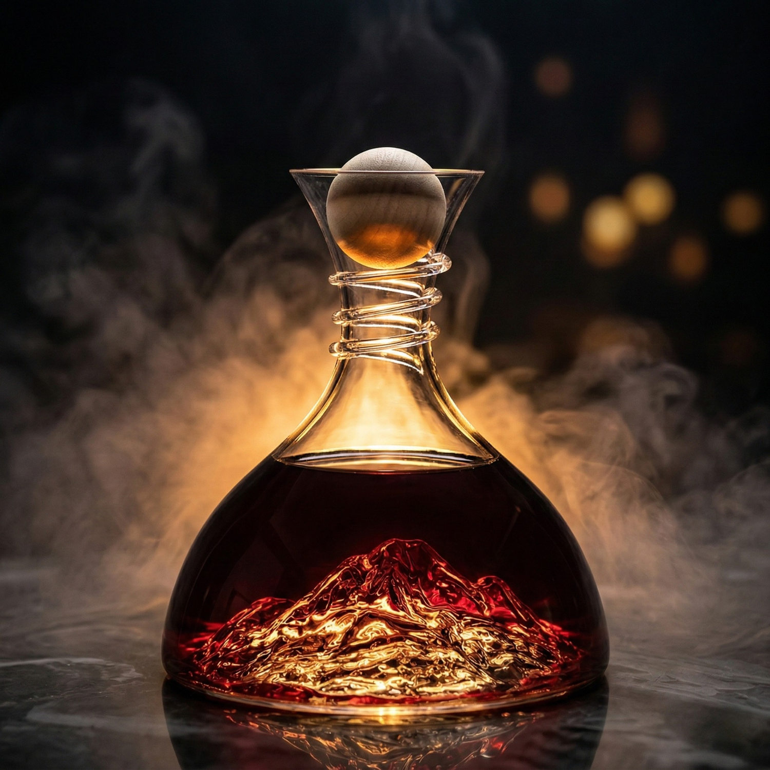 Crystal decanter with cork stopper filled with red wine; spiral aerator ring
