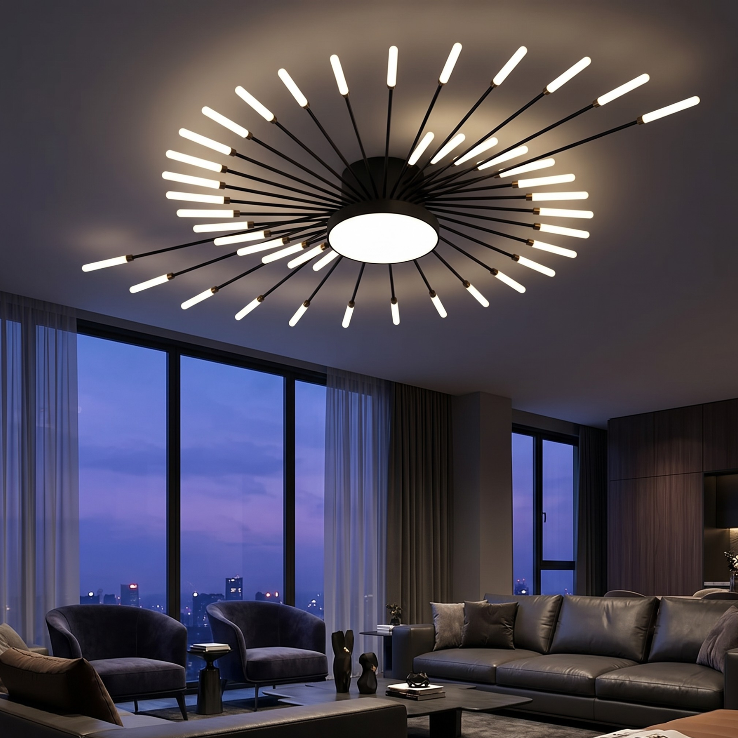 Dandelion Firework LED Ceiling Light | Modern Nordic Sunburst Chandelier | Black or Gold | Living Room Bedroom Statement Ceiling Lamp