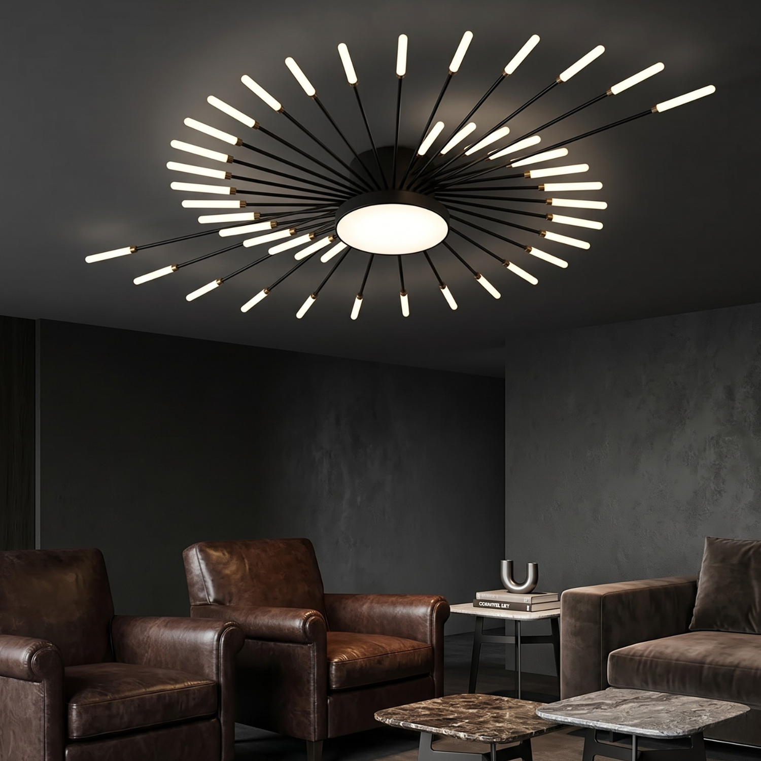 Dandelion Firework LED Ceiling Light | Modern Nordic Sunburst Chandelier | Black or Gold | Living Room Bedroom Statement Ceiling Lamp