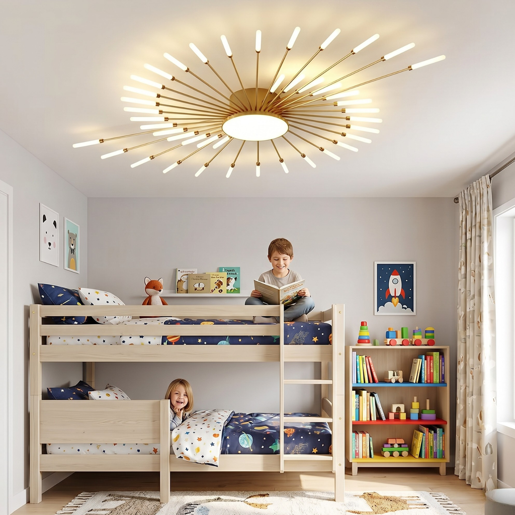 Goldene Dandelion-LED-Deckenleuchte im Sunburst-Design mit runder Lichtscheibe