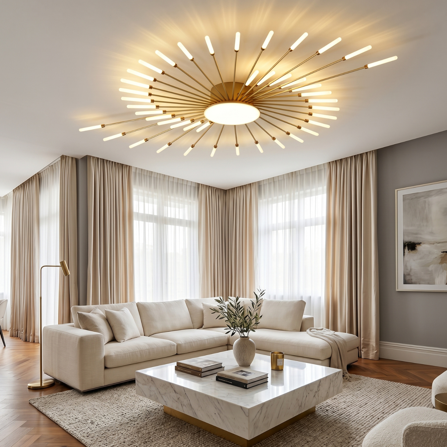 Dandelion Firework LED Ceiling Light | Modern Nordic Sunburst Chandelier | Black or Gold | Living Room Bedroom Statement Ceiling Lamp