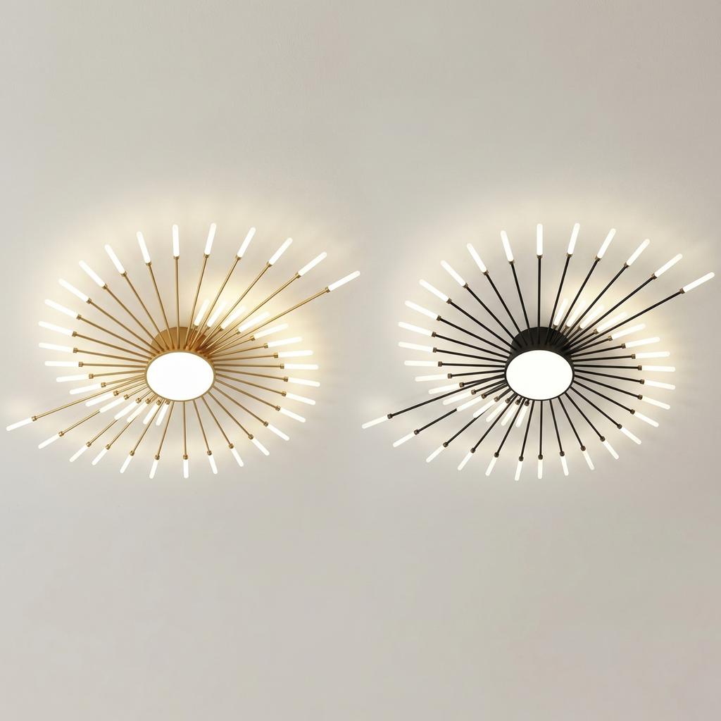 Zwei Sunburst-LED-Deckenleuchten: goldene und schwarze Strahlen mit runder Lichtscheibe