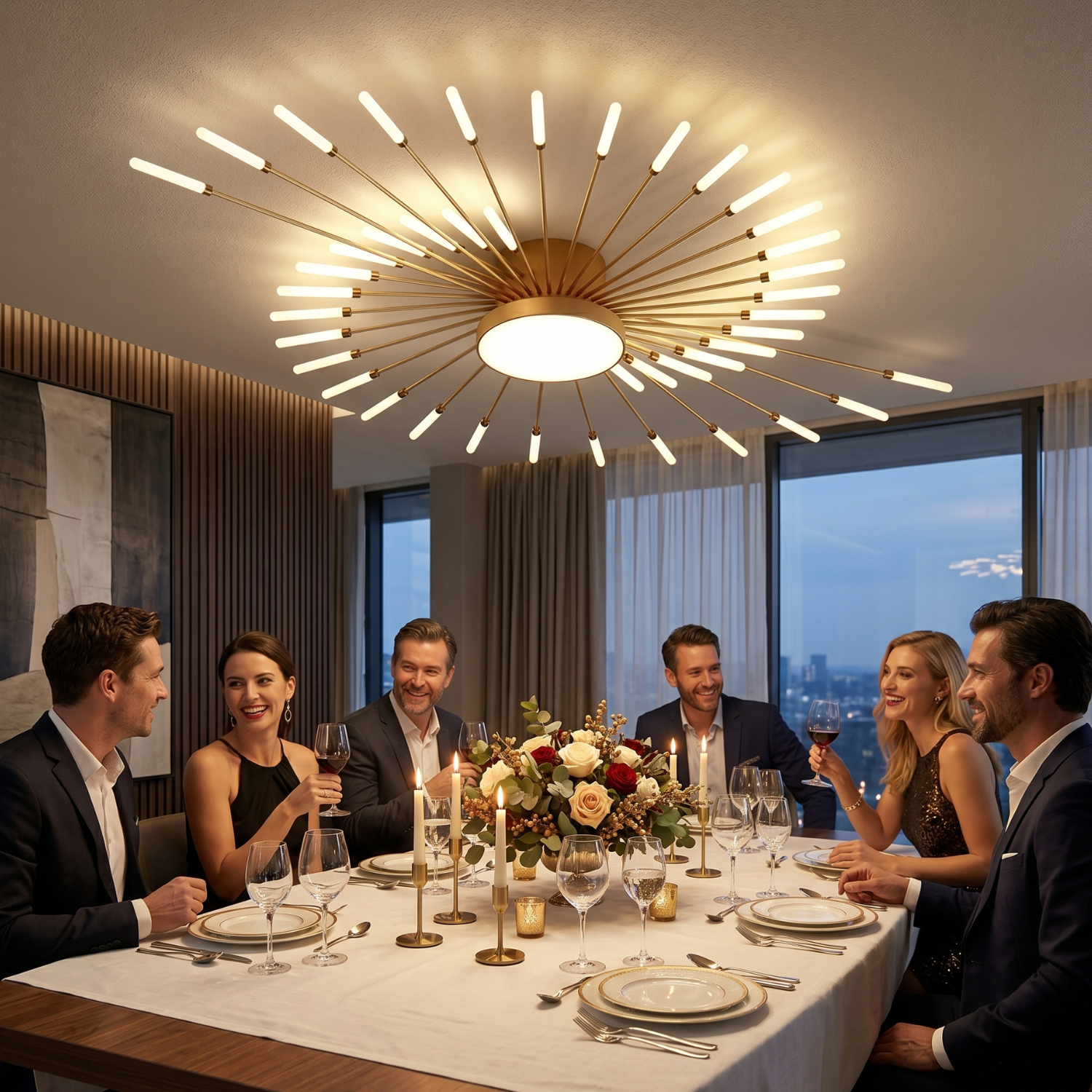 Dandelion Firework LED Ceiling Light | Modern Nordic Sunburst Chandelier | Black or Gold | Living Room Bedroom Statement Ceiling Lamp