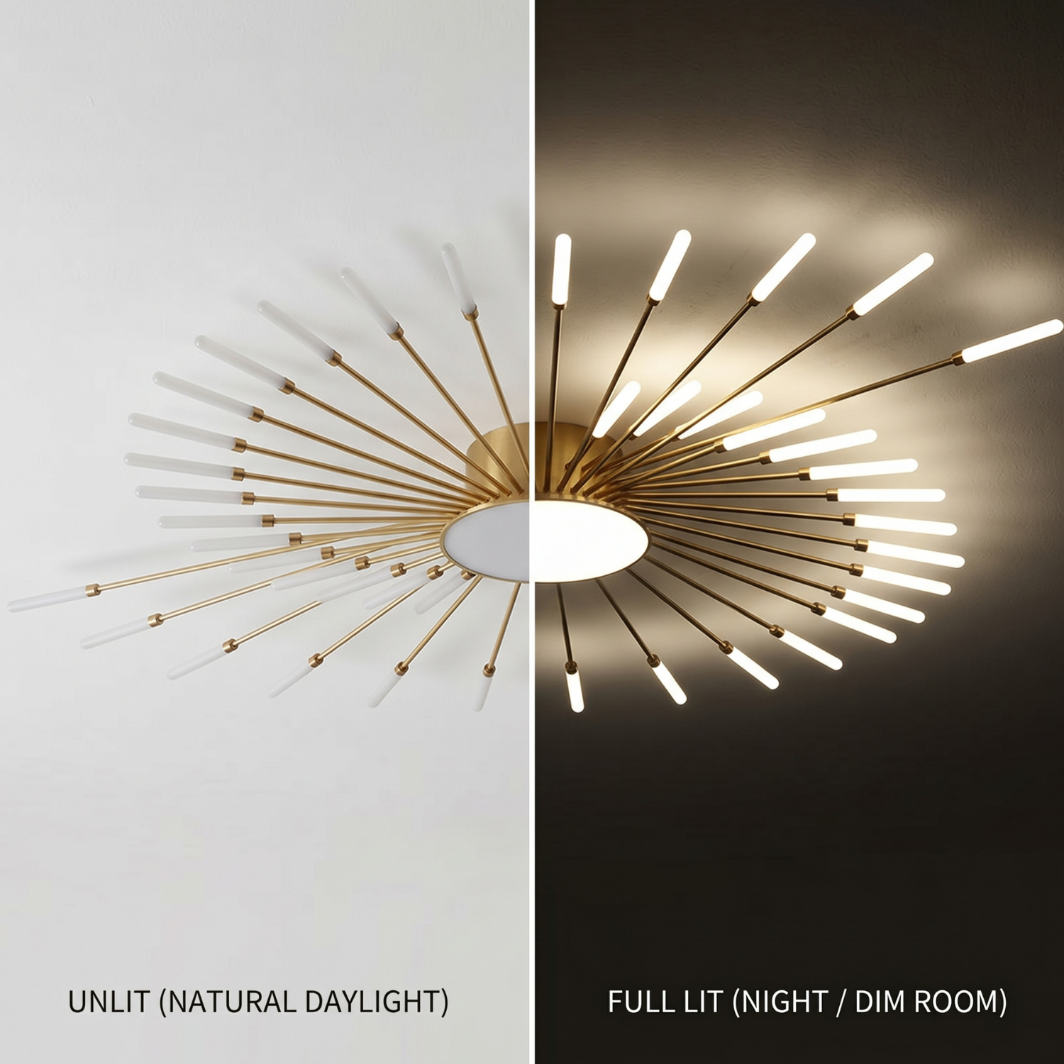 Ceiling light fixture shown unlit and fully lit on a white and dark background.
