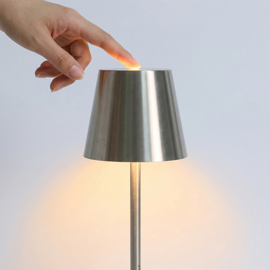 Silver rechargeable LED table lamp with touch top control, warm glow lit