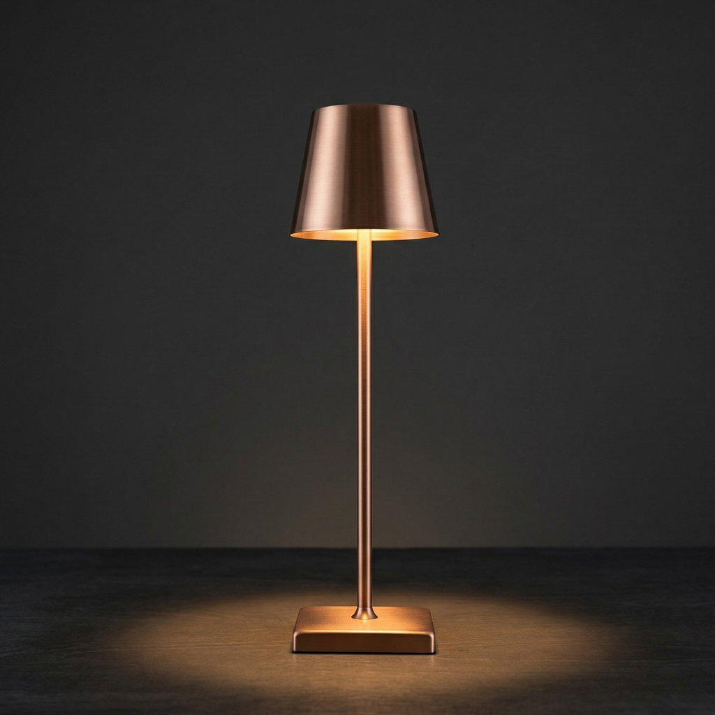 Copper LED table lamp with drum shade and square base, warm glow.