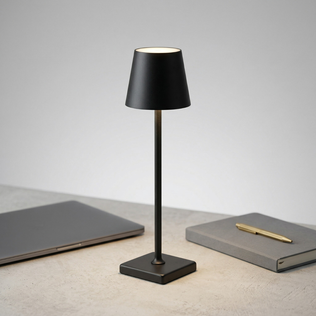 Black LED table lamp with drum shade and square base, warm light on.