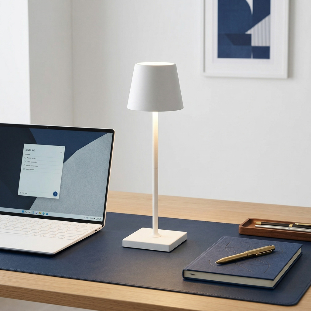 White LED table lamp with drum shade and square base, warm light on.