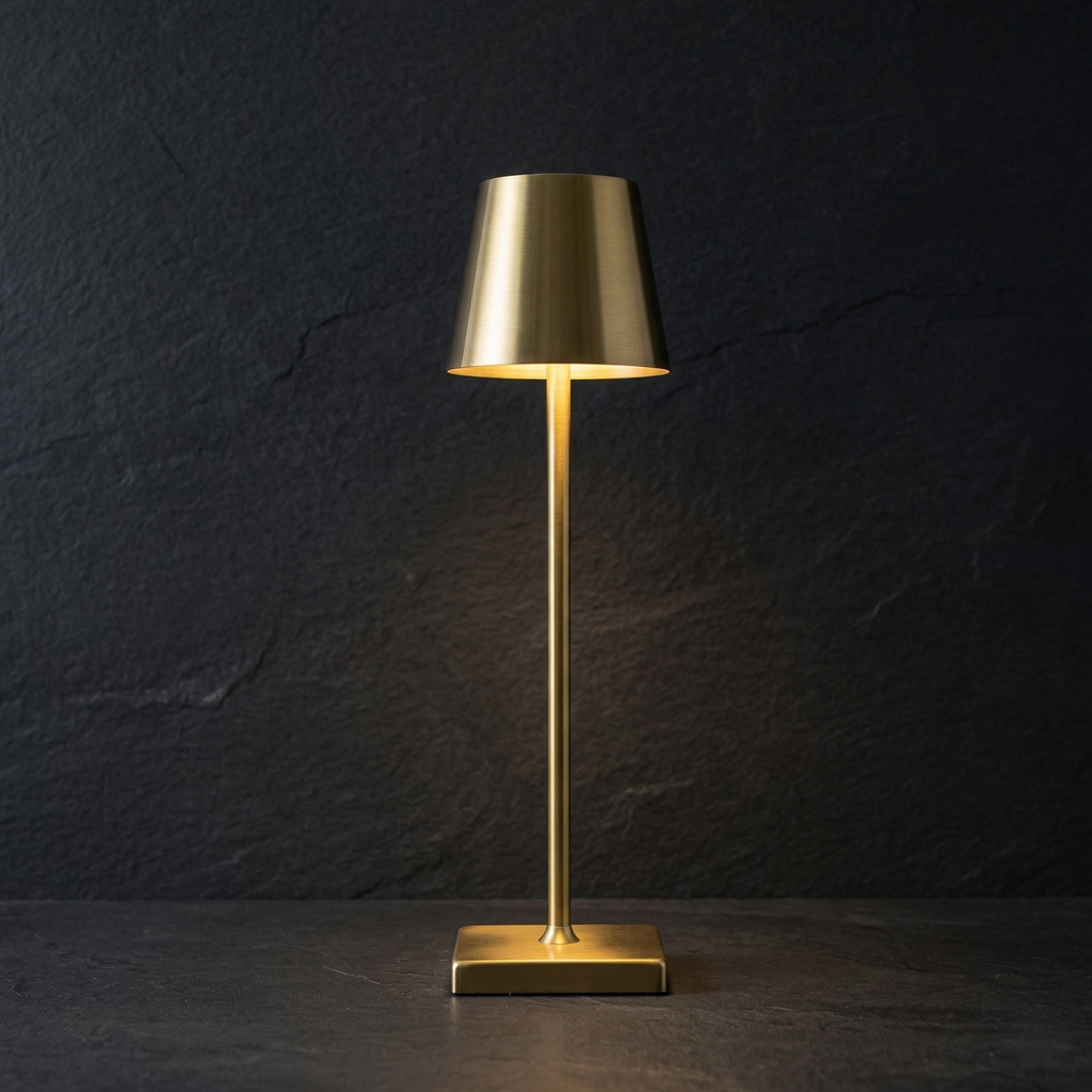 Gold LED table lamp with drum shade and square base, warm light on.
