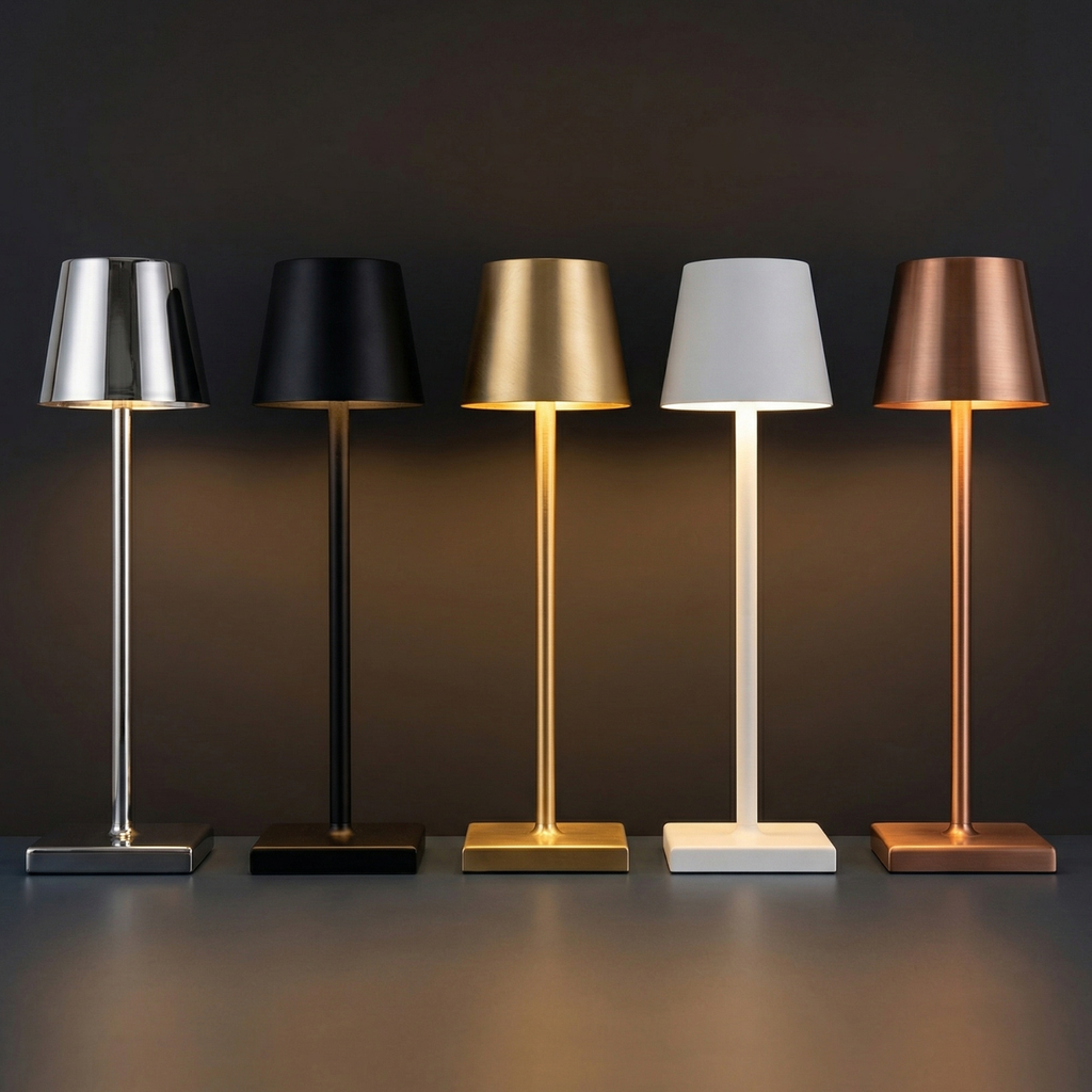 Rechargeable LED table lamps in multiple colors: silver, black, gold, white, copper.