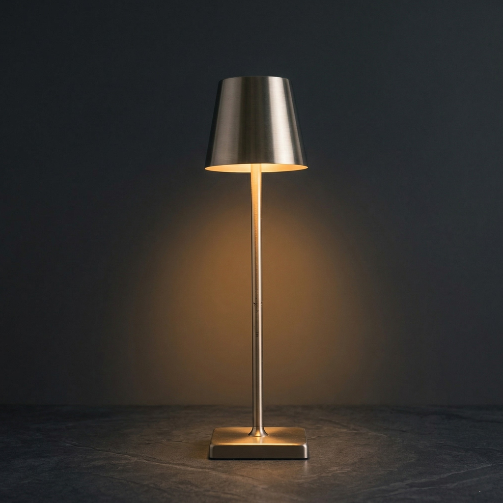 Silver LED table lamp with drum shade and square base, warm light on.