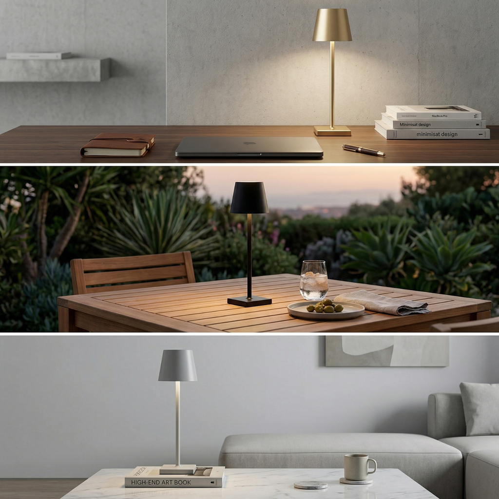LED table lamp in gold with drum shade and square base, shown on a desk.