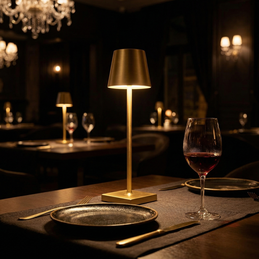 Gold LED table lamp with cylindrical shade and square base, touch control lit.