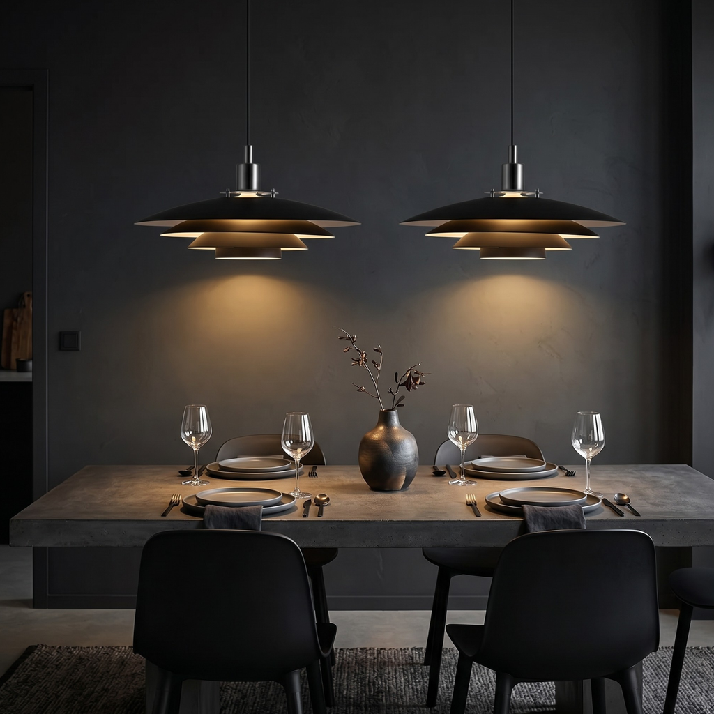 Black layered pendant light with three-tier metal shades and chrome stems