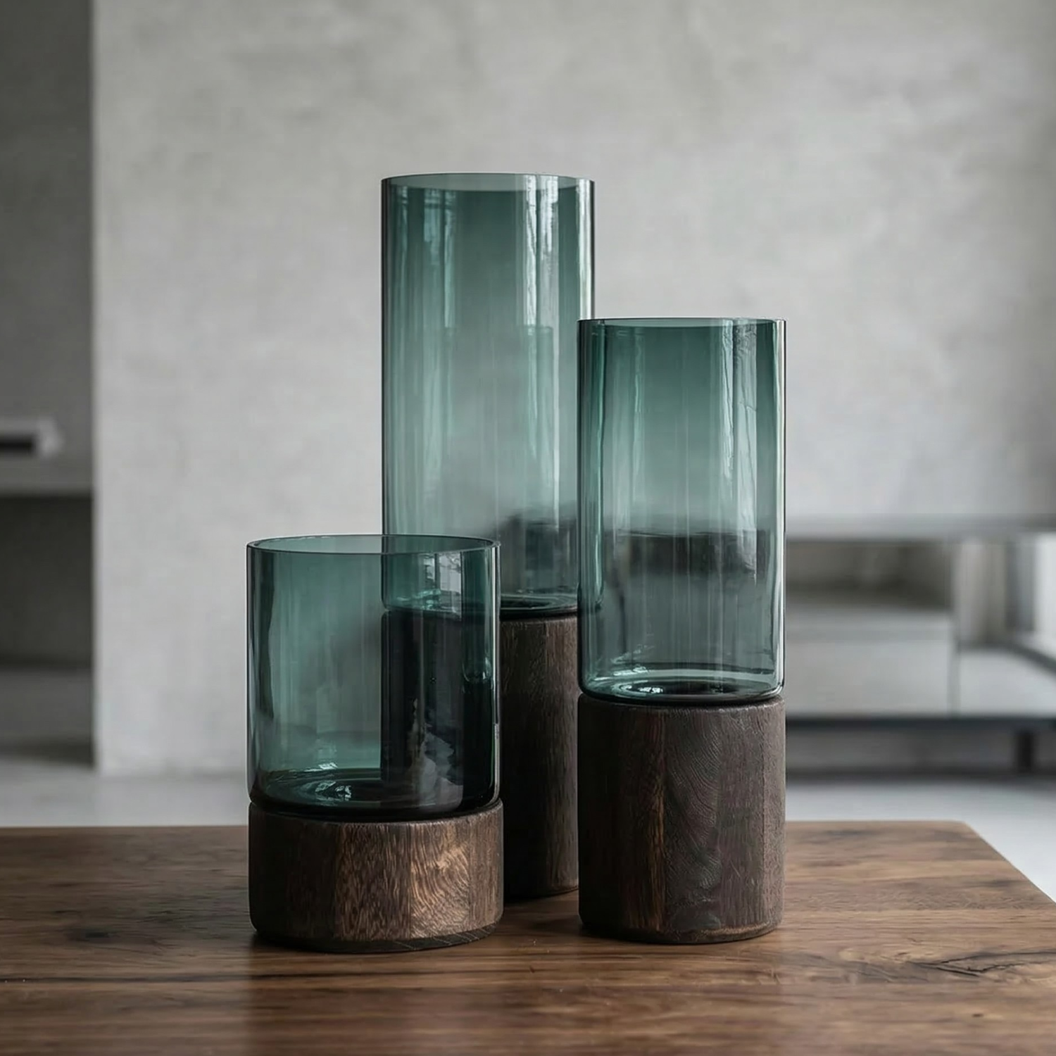 Dark Green Glass Vase with Wooden Base – Modern Luxury Decorative Flower Vase (3 Sizes)