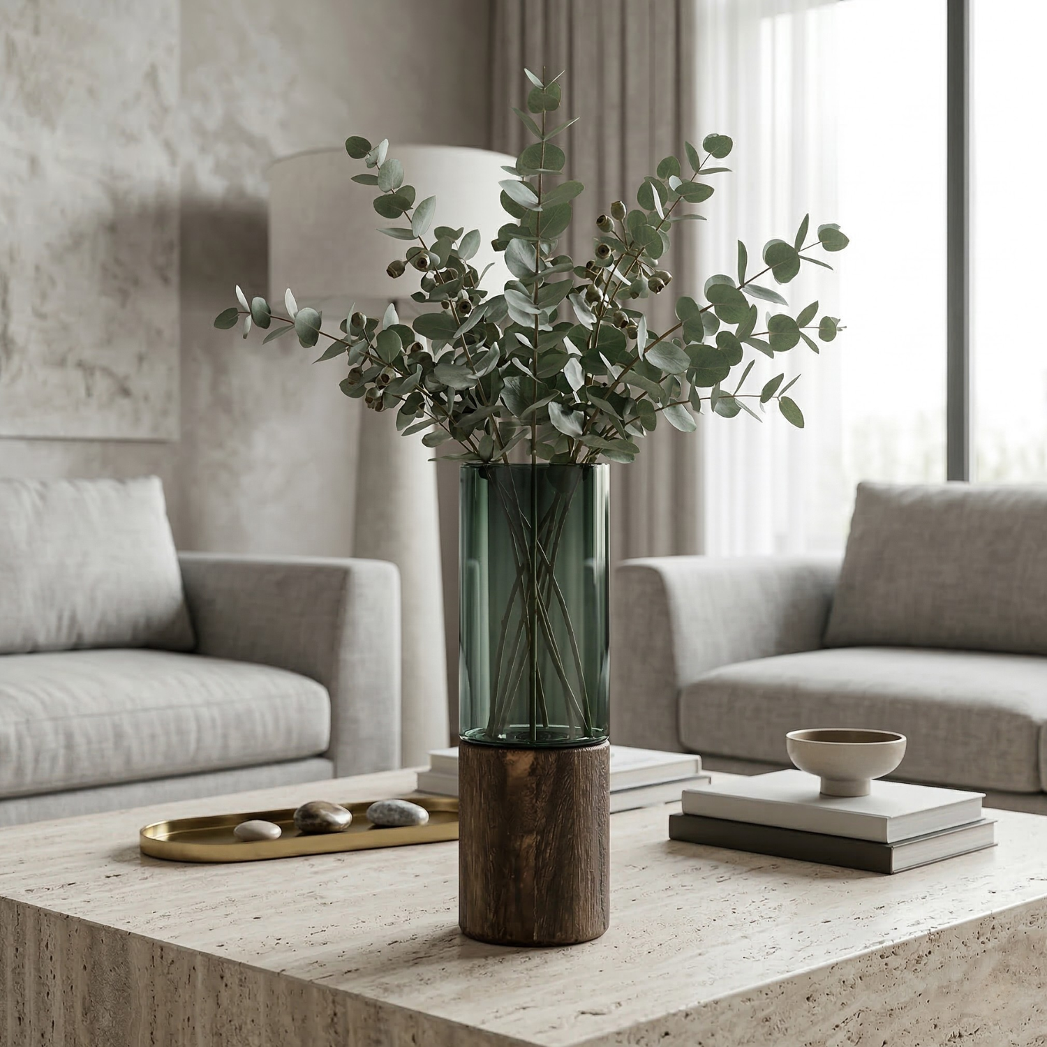 Dark Green Glass Vase with Wooden Base – Modern Luxury Decorative Flower Vase (3 Sizes)