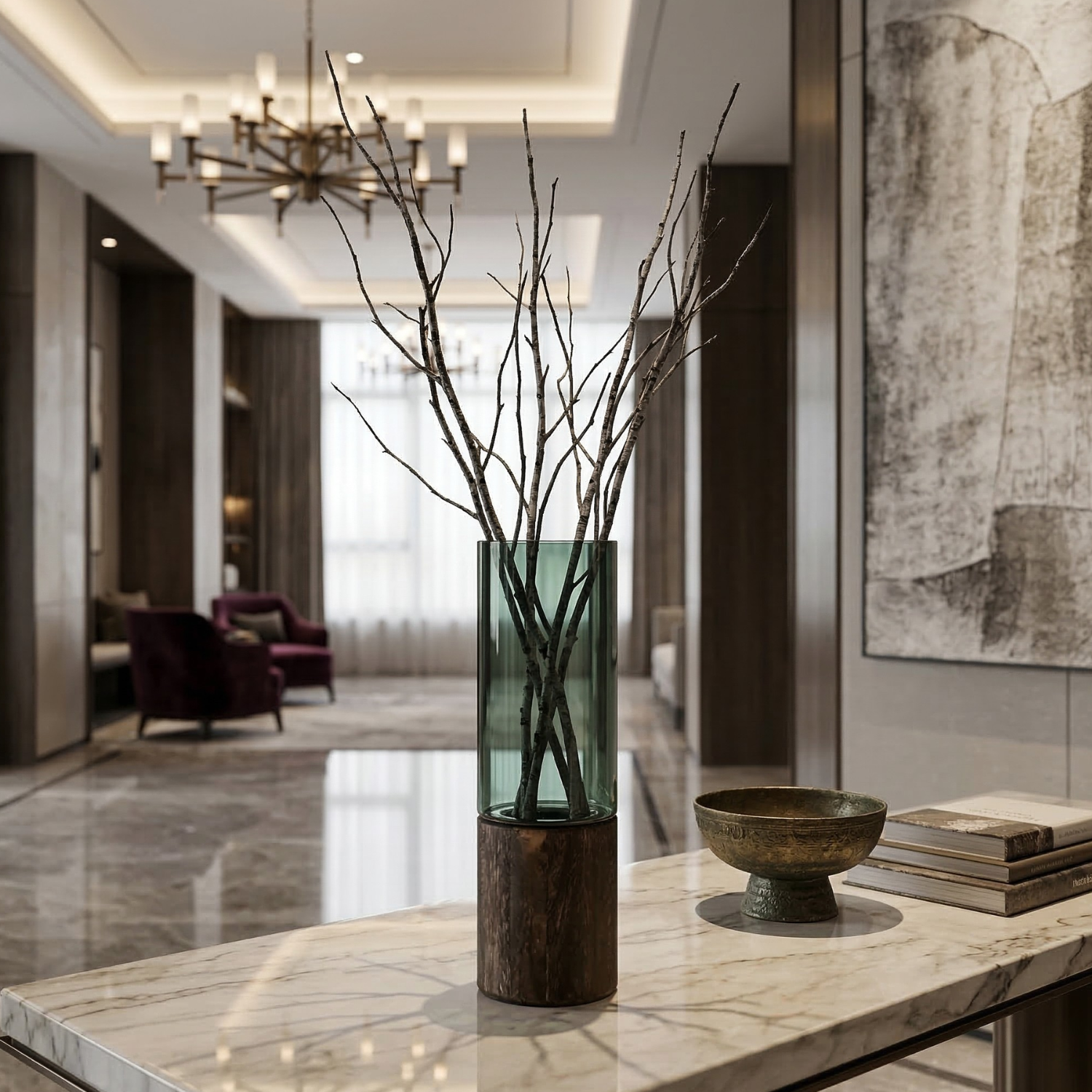 Dark Green Glass Vase with Wooden Base – Modern Luxury Decorative Flower Vase (3 Sizes)