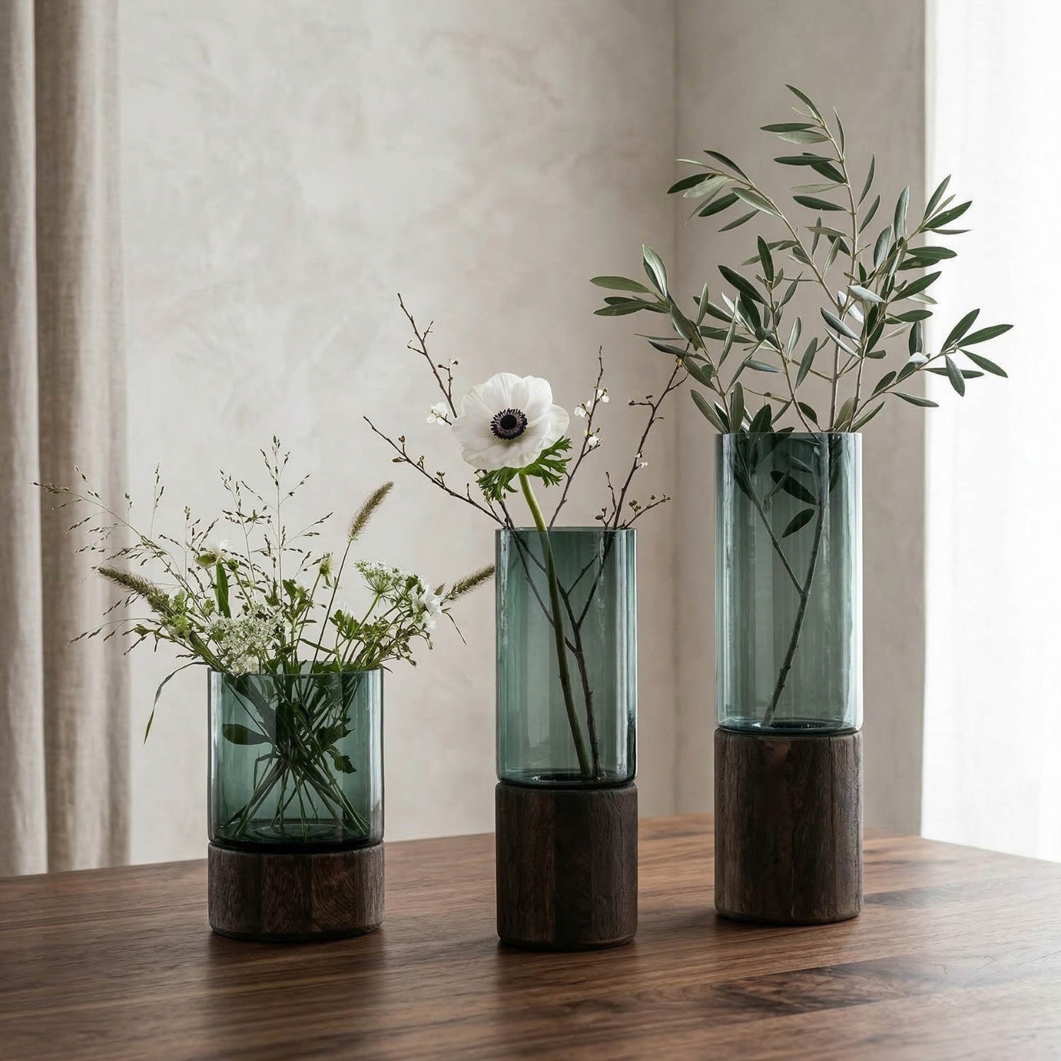 Dark Green Glass Vase with Wooden Base – Modern Luxury Decorative Flower Vase (3 Sizes)
