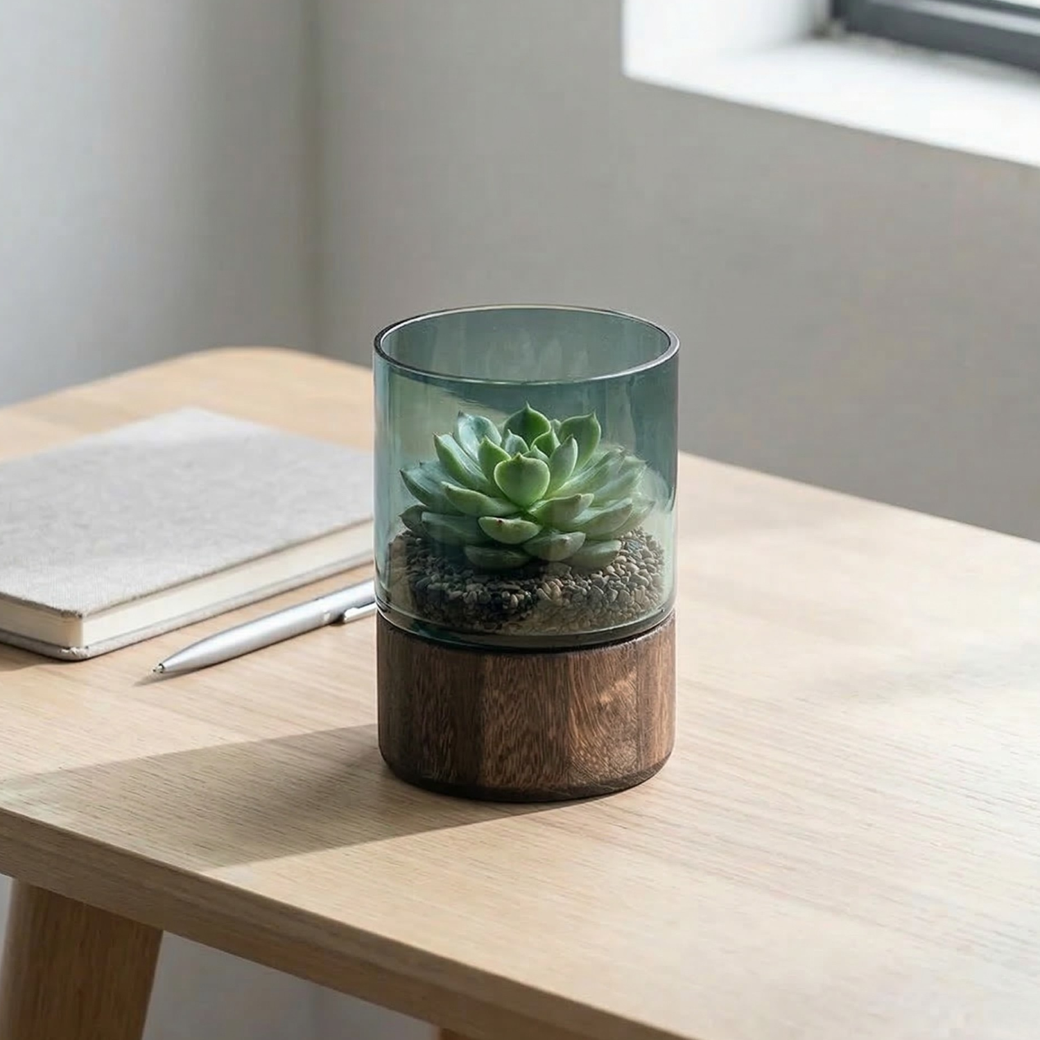 Dark Green Glass Vase with Wooden Base – Modern Luxury Decorative Flower Vase (3 Sizes)