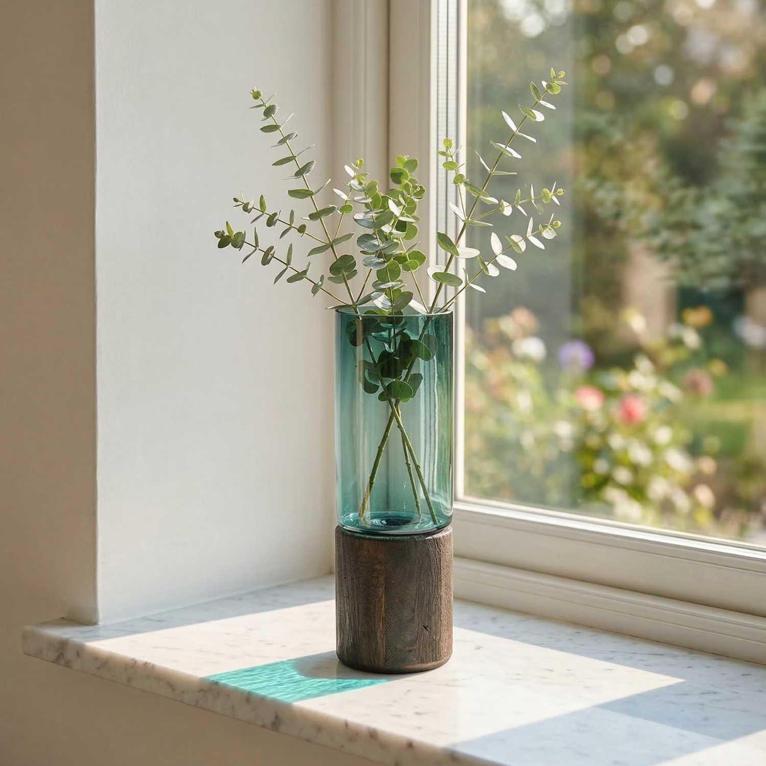 Dark Green Glass Vase with Wooden Base – Modern Luxury Decorative Flower Vase (3 Sizes)