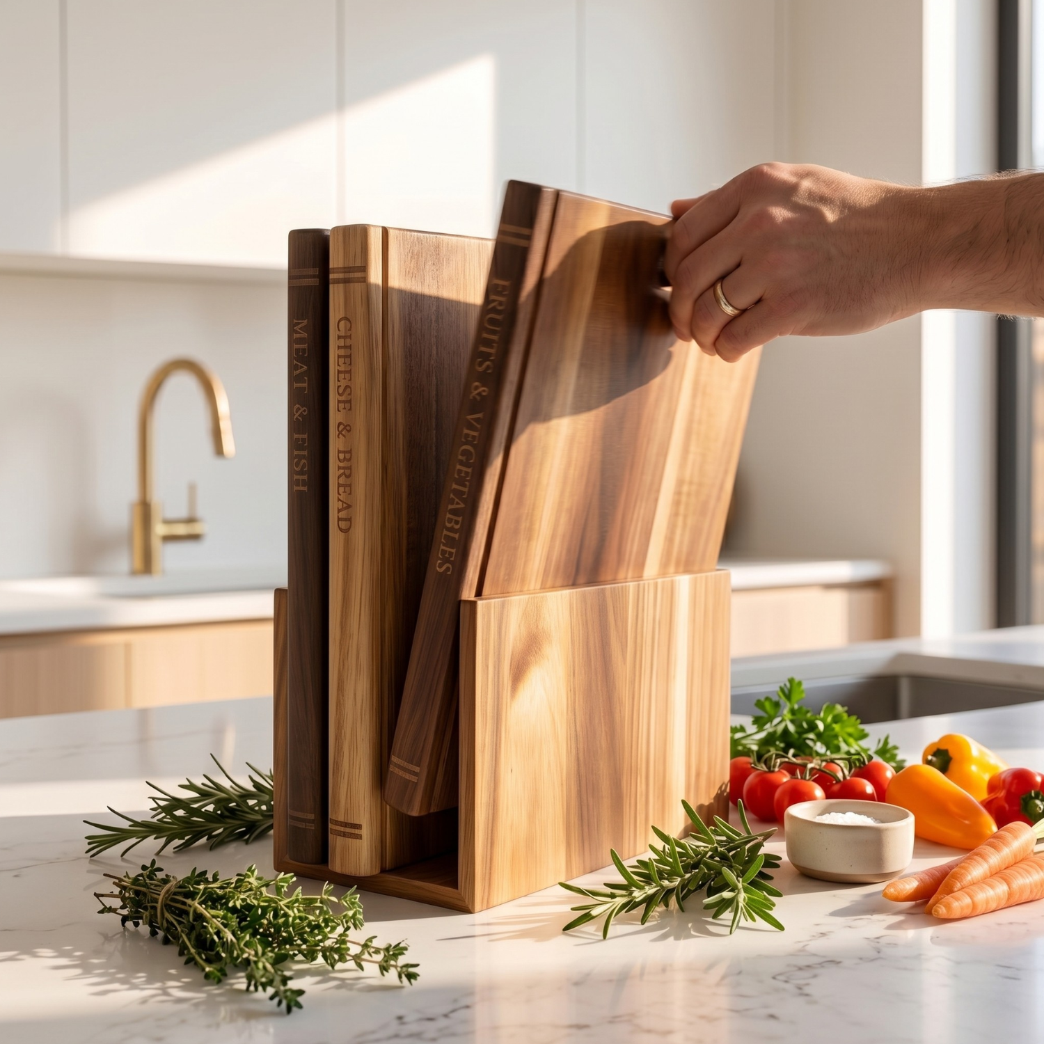 Decorative Wooden Cutting Board Set with Stand 3 Piece Acacia Wood Book Design Chopping Boards Kitchen Countertop Charcuterie Serving Board Set