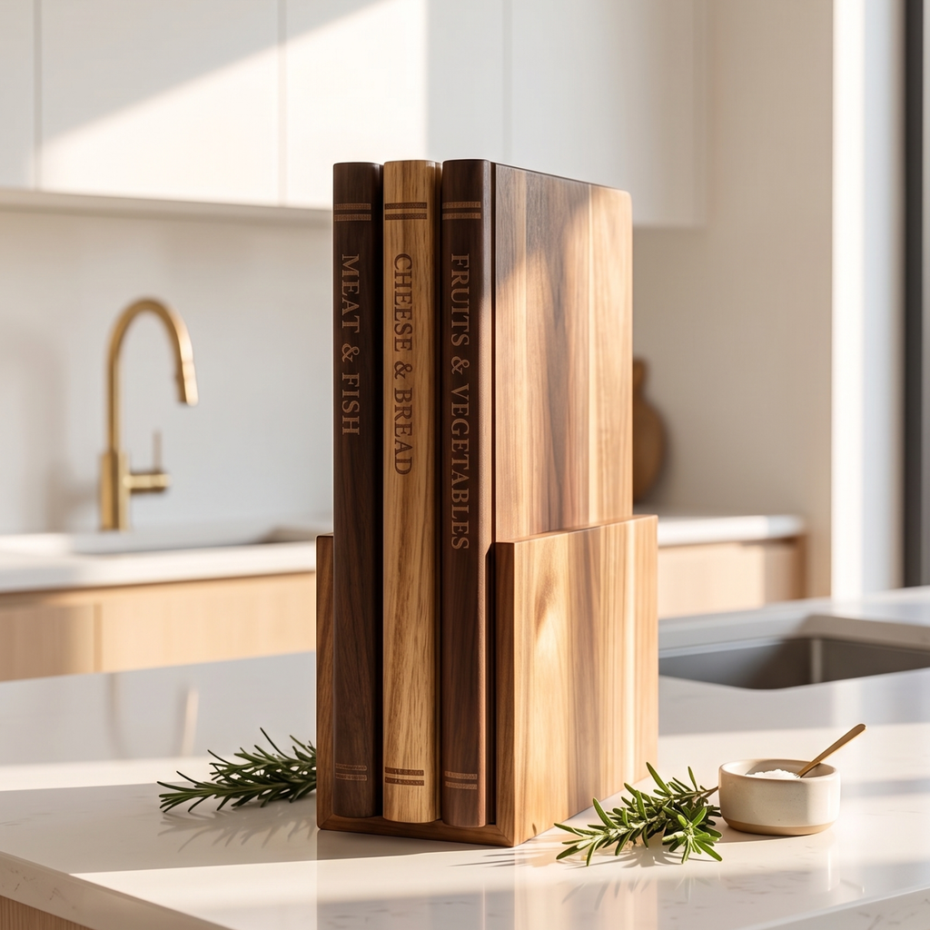 Three acacia wood cutting boards in a stand with book-style engraved spines