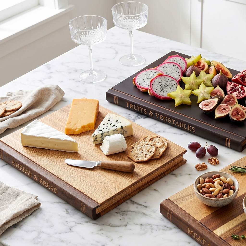 Acacia wood cutting boards with book-style spines, one board on the tabletop