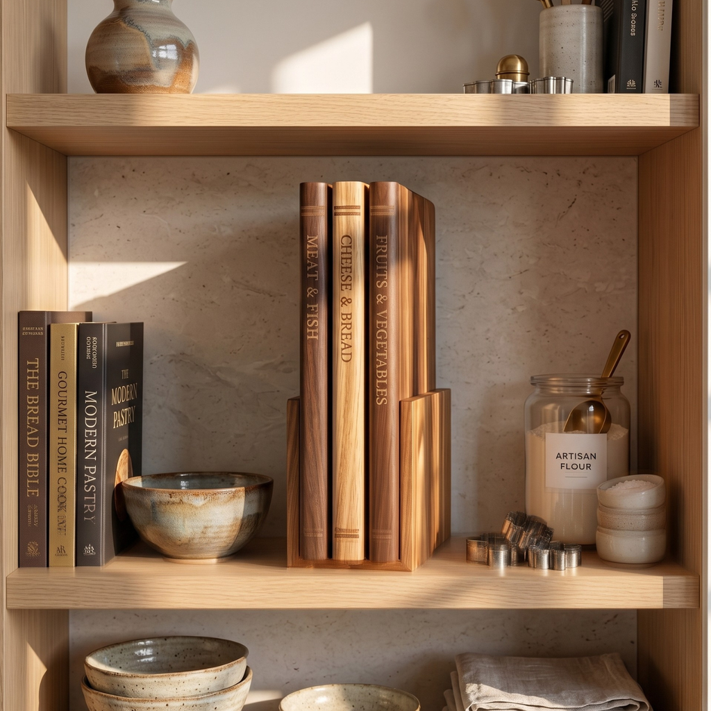 Acacia wood cutting board set in a countertop stand with engraved book-style titles