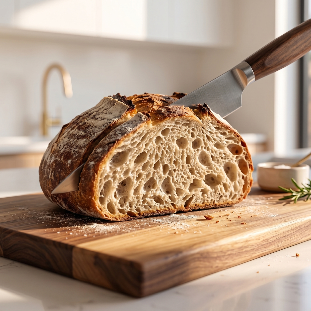 Acacia wood cutting board with a sliced loaf on top and a knife nearby