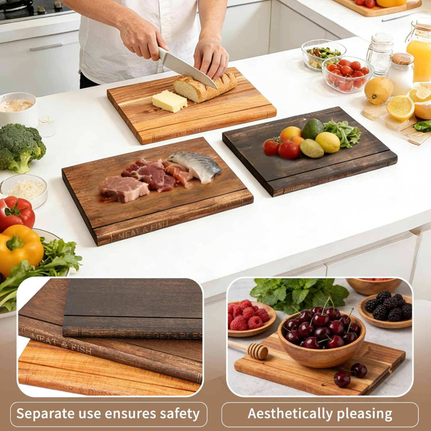 Acacia wood cutting boards set, including one board with sliced food pieces