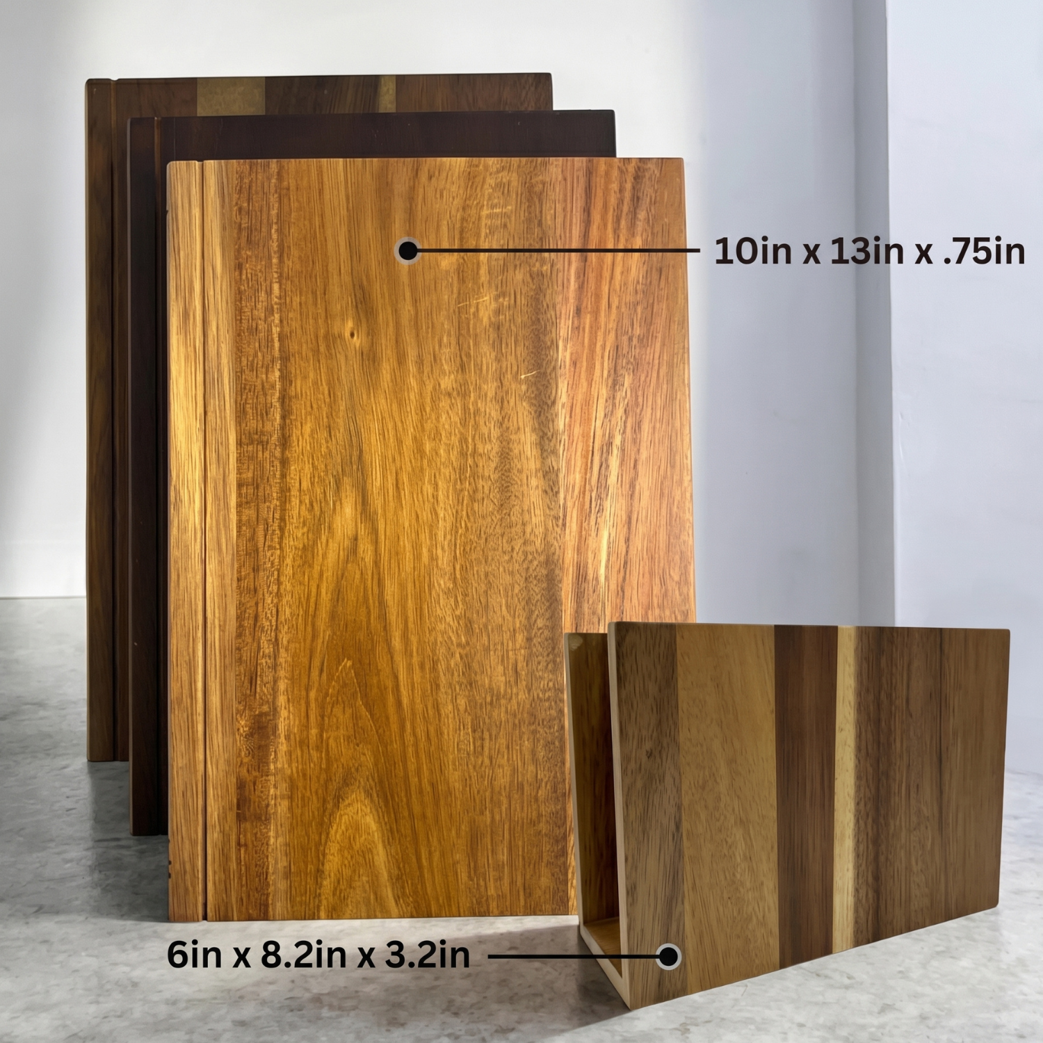 Stacked acacia wood cutting boards on stand; sizes shown 10x13in and 6x8.2in