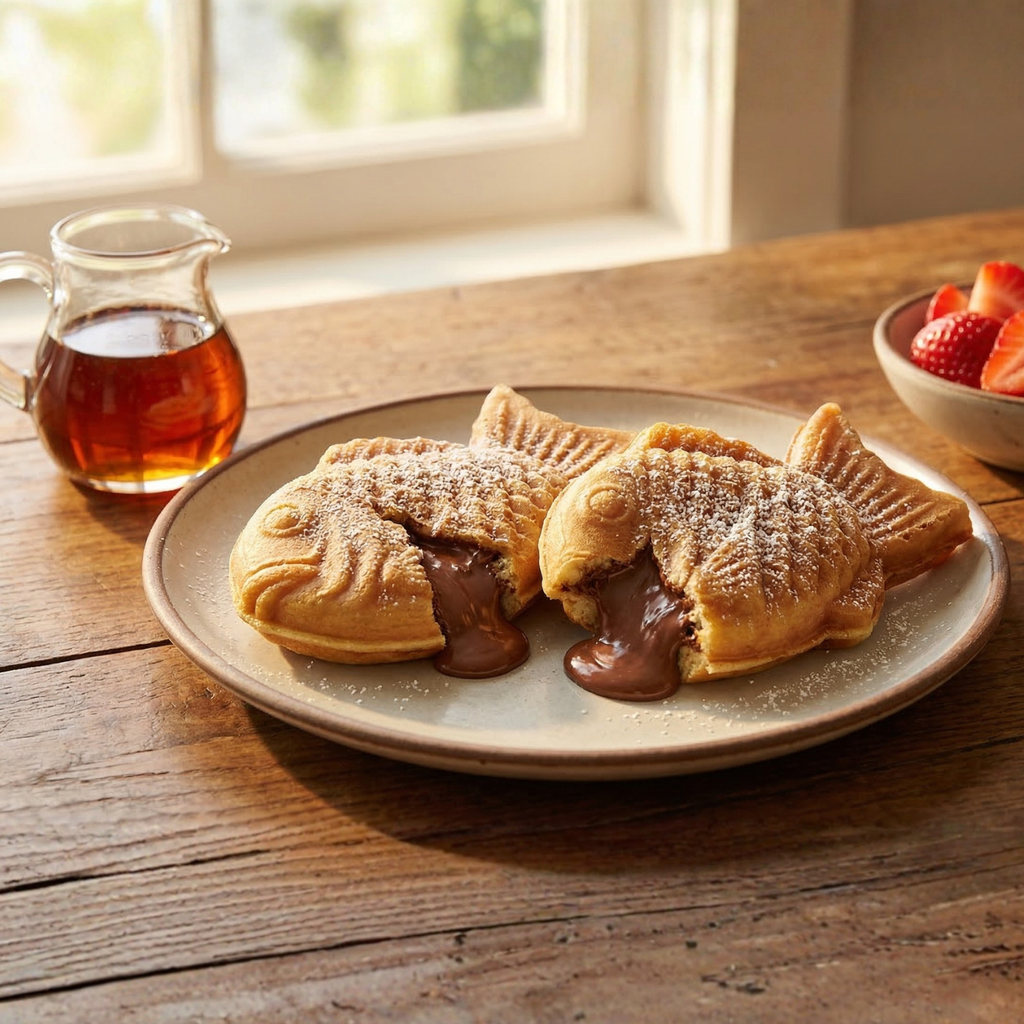 Fish-shaped stuffed waffles on a plate with chocolate drizzle