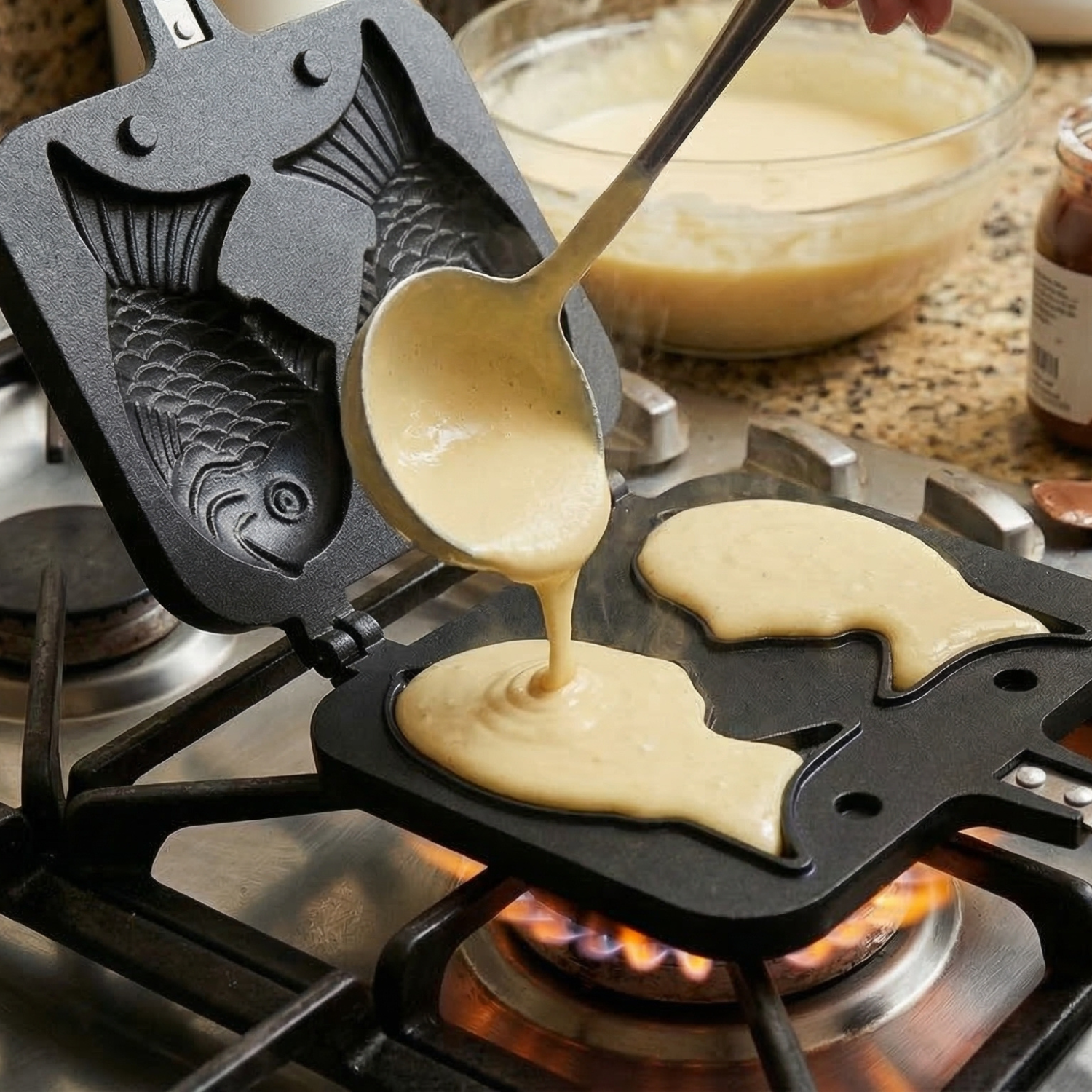 Double-Sided Stuffed Waffle Maker Pan - Nonstick Flip Press for Fish Shaped Filled Pancakes, Desserts & Brunch