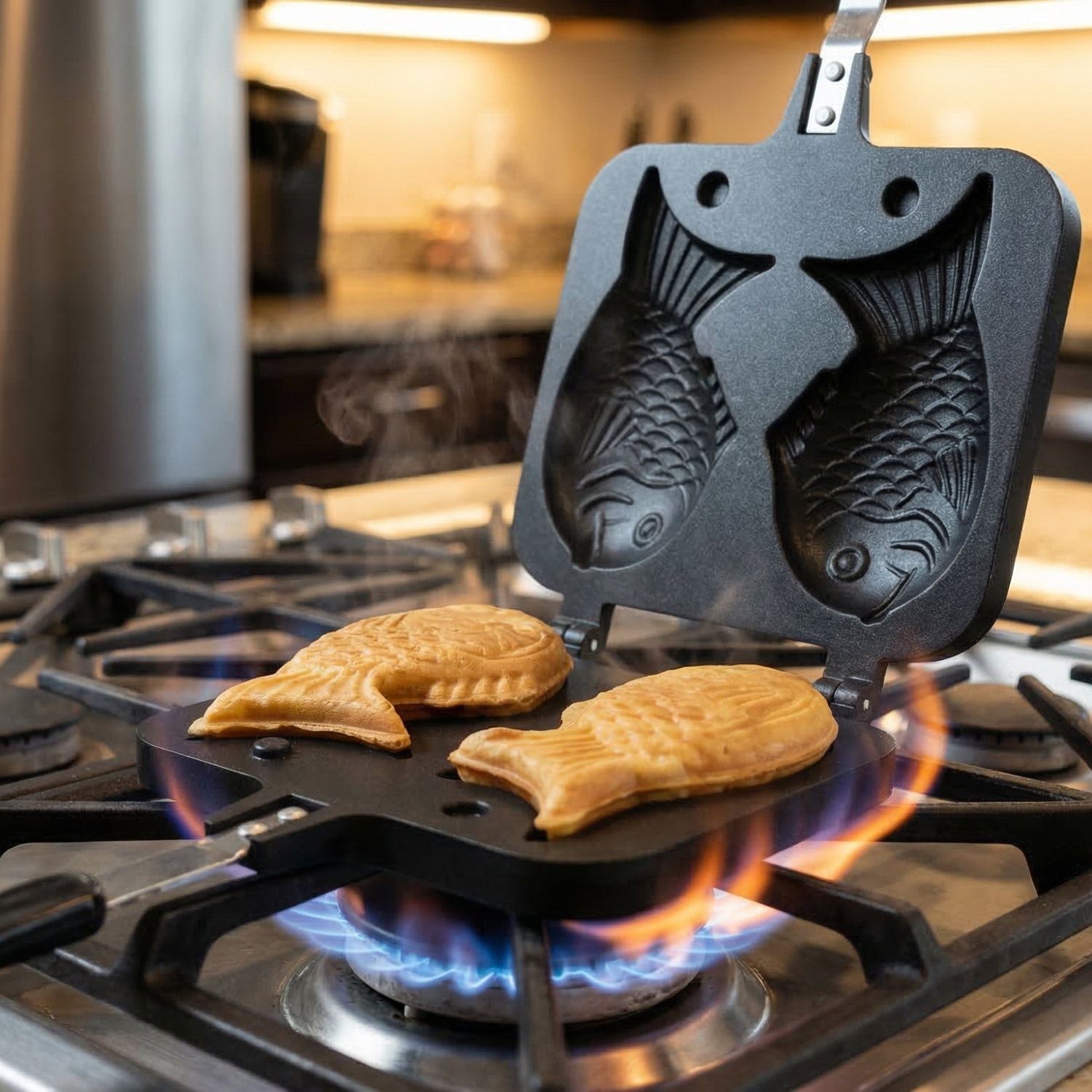 Double-Sided Stuffed Waffle Maker Pan - Nonstick Flip Press for Fish Shaped Filled Pancakes, Desserts & Brunch
