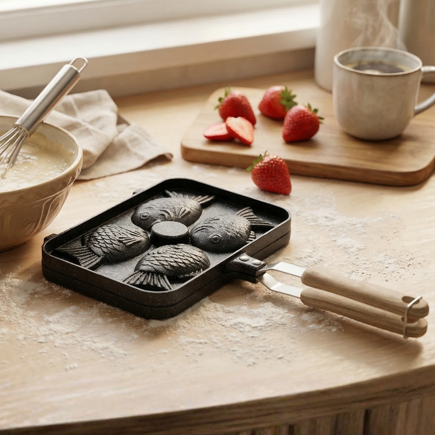 Double-Sided Stuffed Waffle Maker Pan - Nonstick Flip Press for Fish Shaped Filled Pancakes, Desserts & Brunch