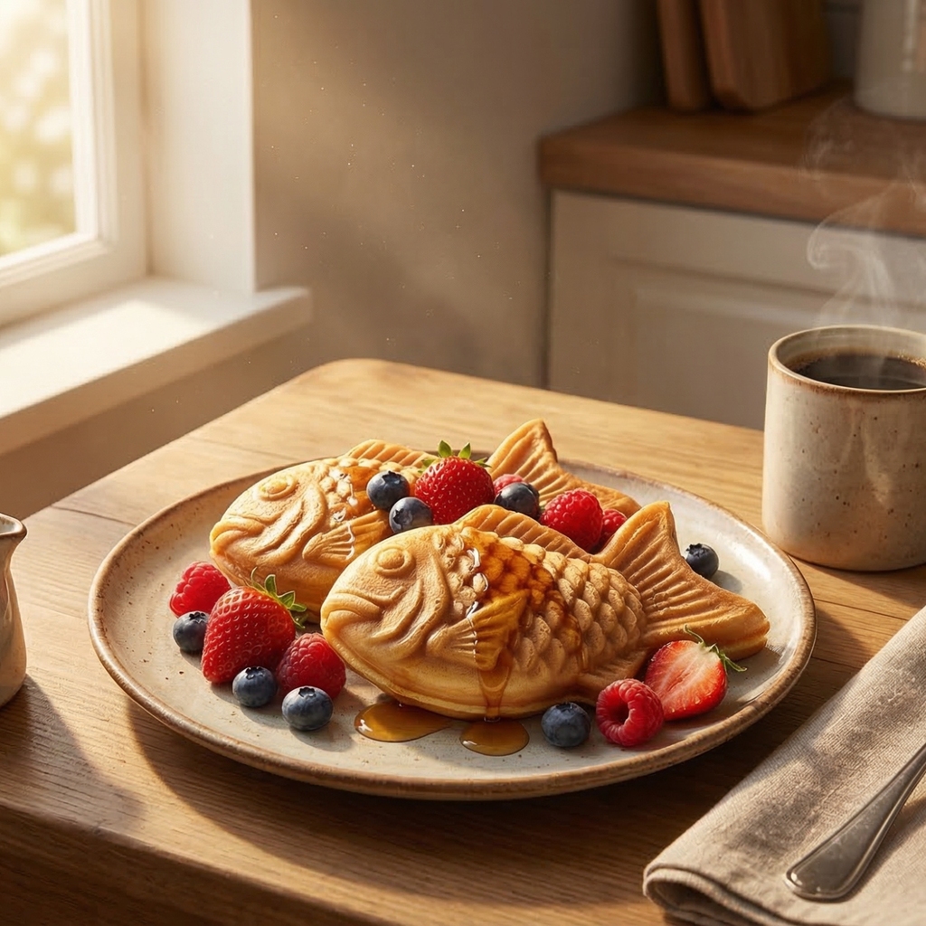 Fish-shaped stuffed waffles on a plate with berries and fruit toppings